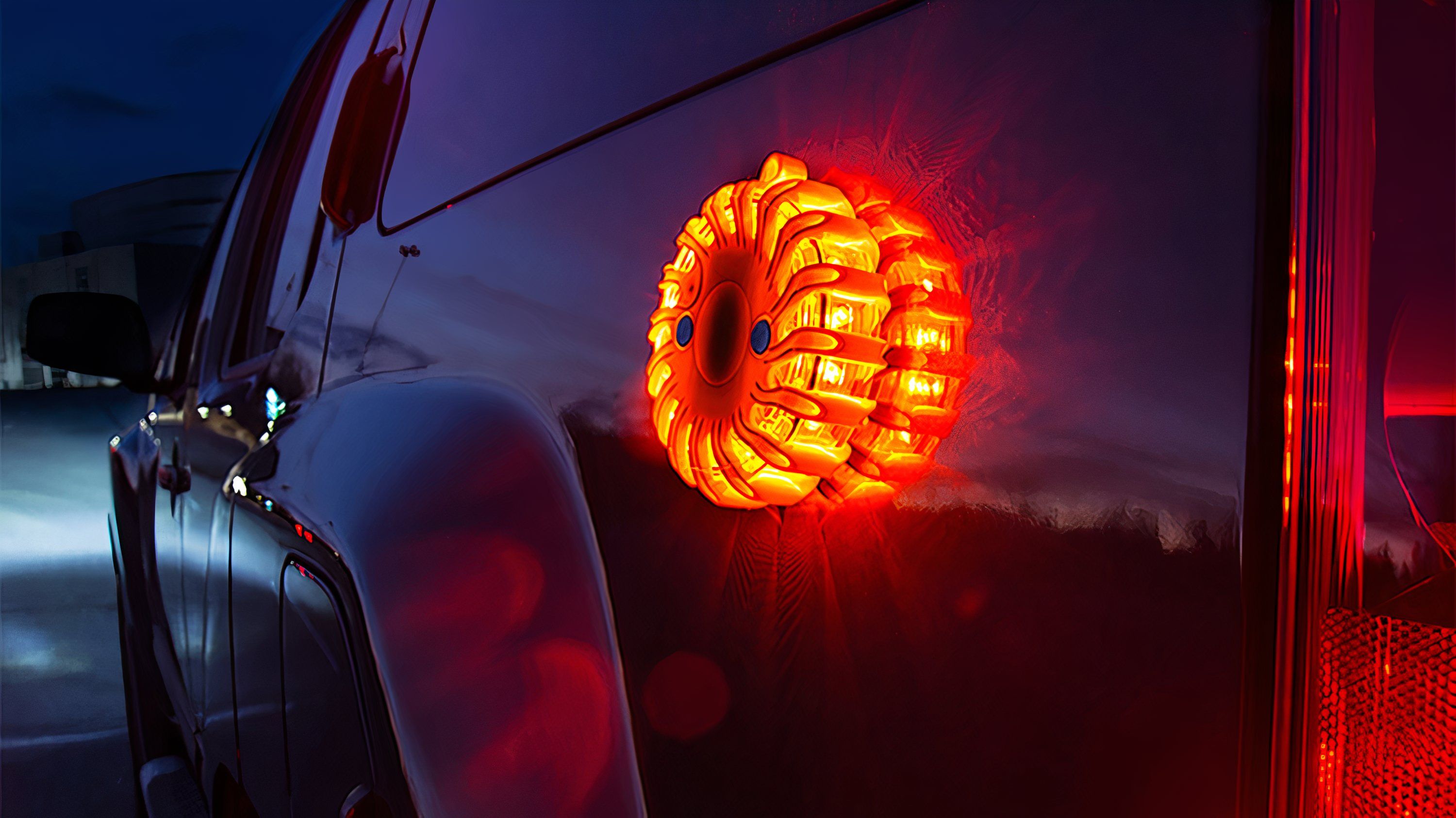 A magnetic LED roadside flare attached to a stationary vehicle. 