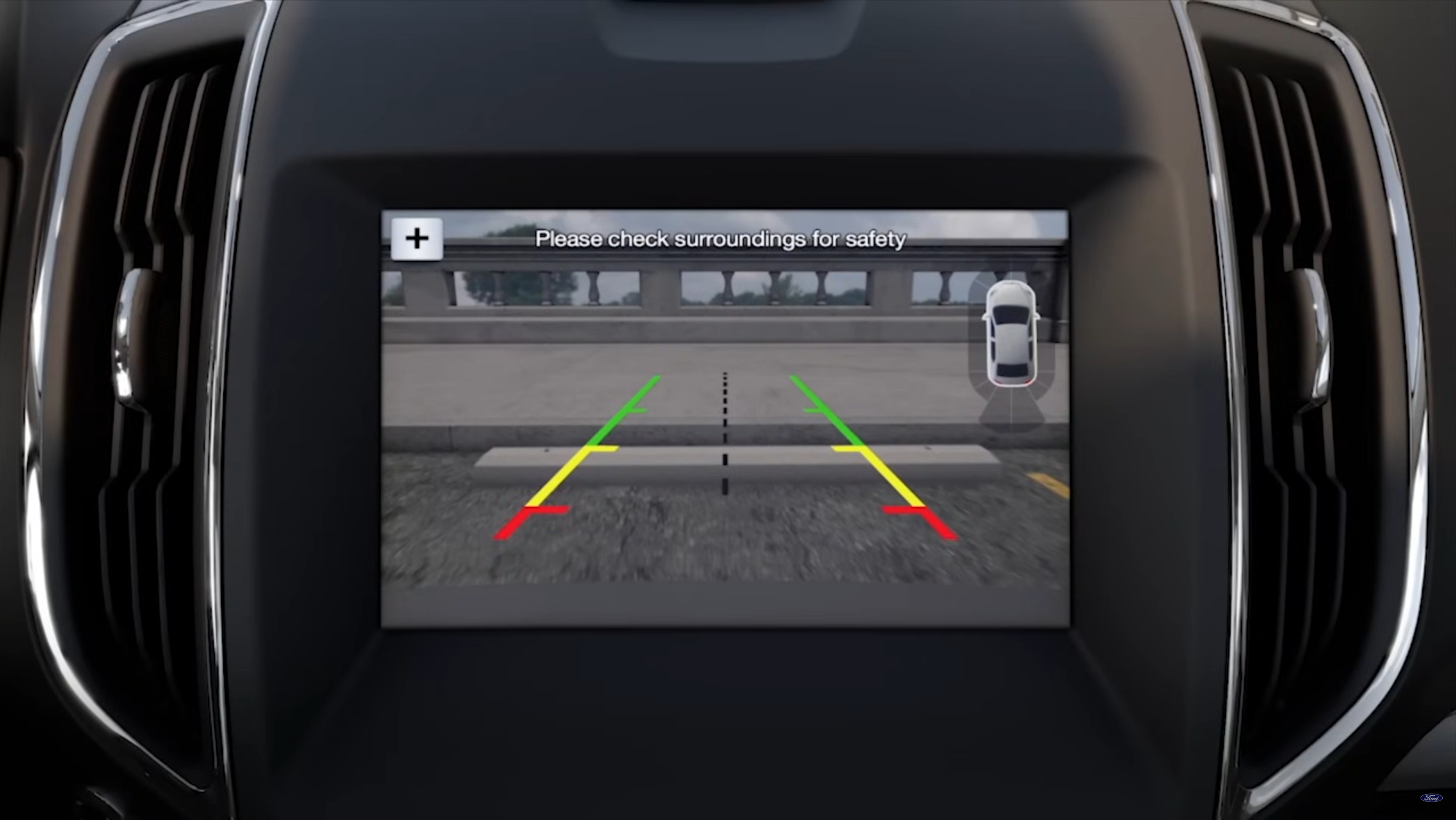 Backup camera screen in Ford car.