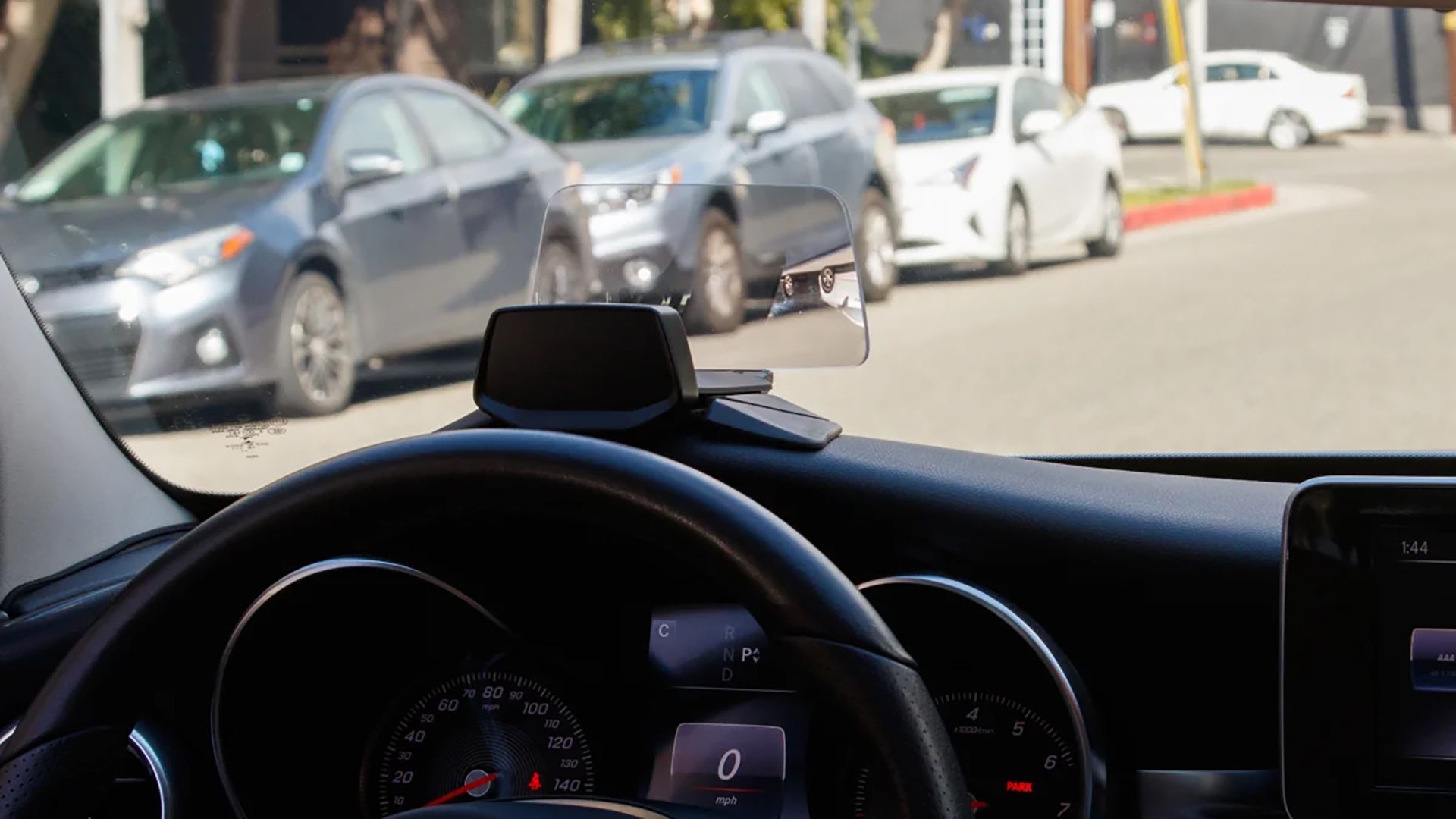 A HUDWAY heads up display inside a Mercedes C-Class.
