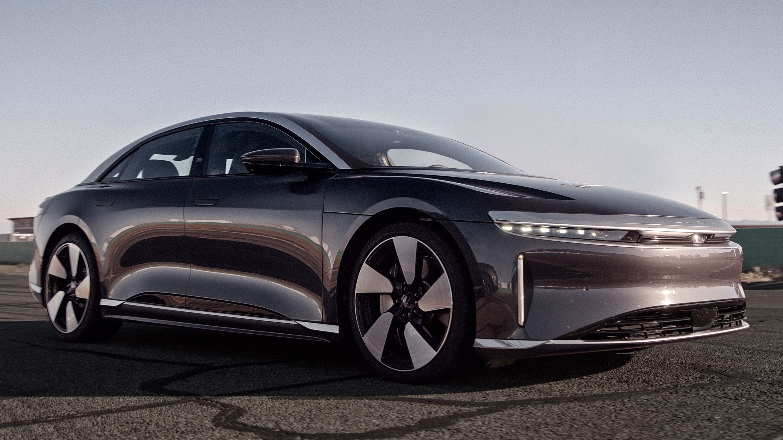 A parked Lucid Air in black. 