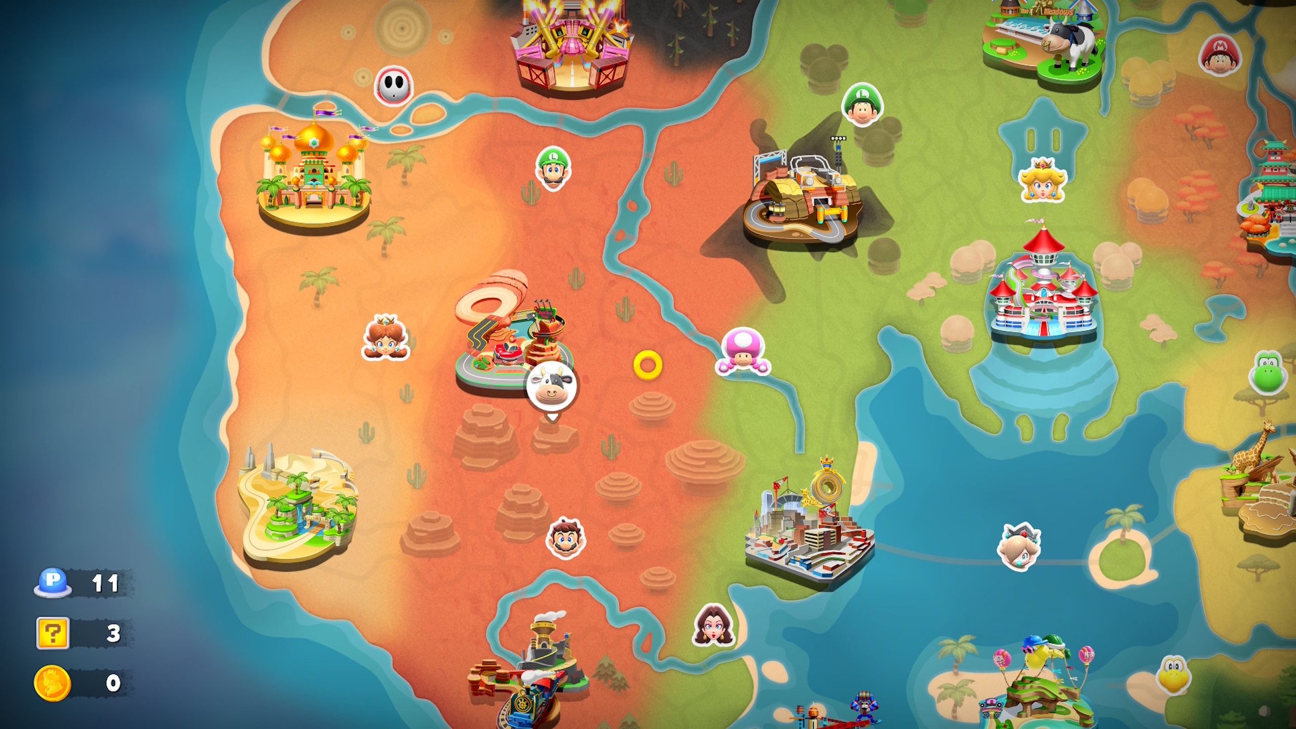 A map showing the number of collect P-switches, question panels, and medallions in Free Roam on Mario Kart World.
