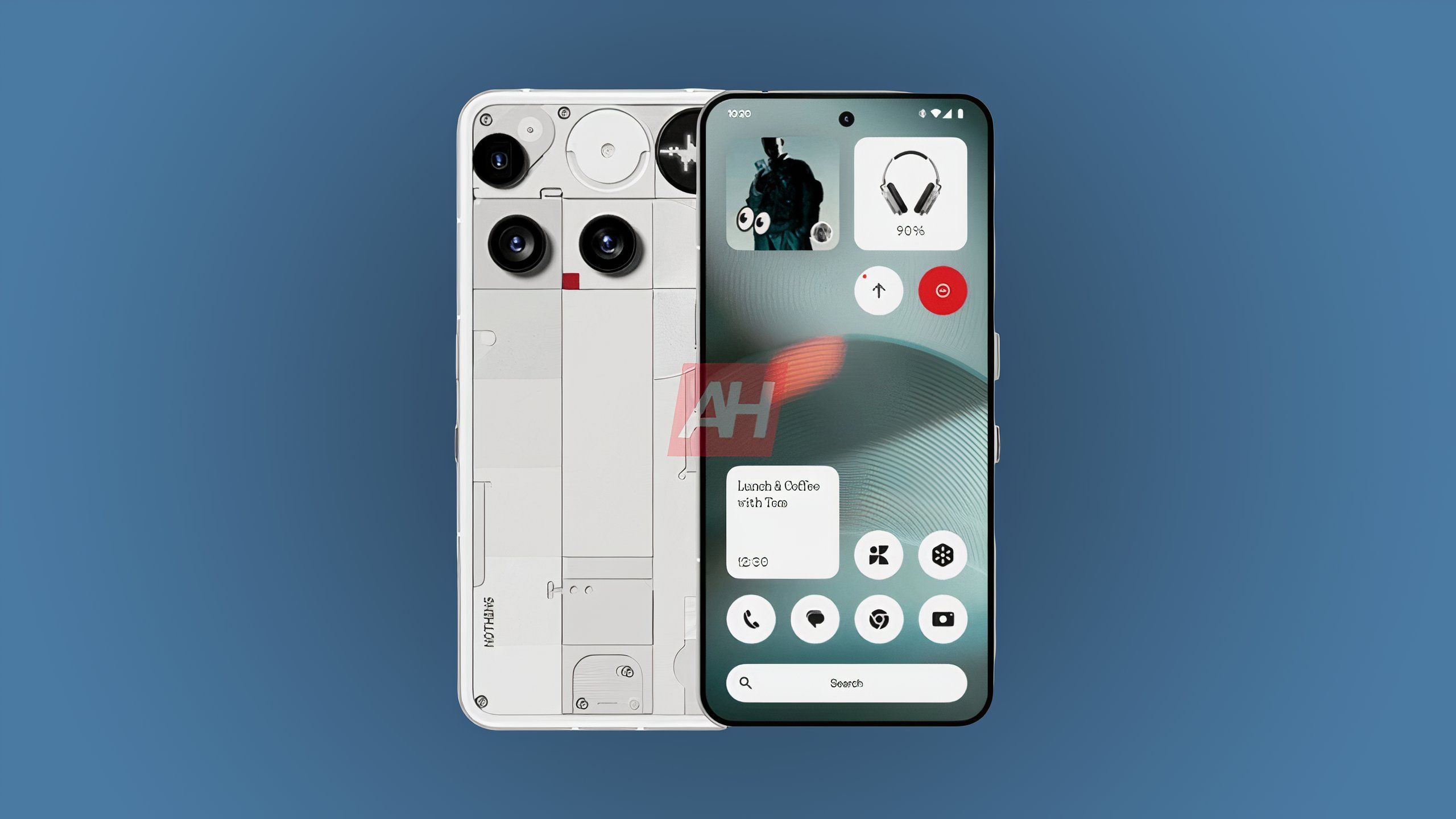 The back and front of a Nothing Phone (3) with its odd new camera arrangement and Glyph Matrix display visible.