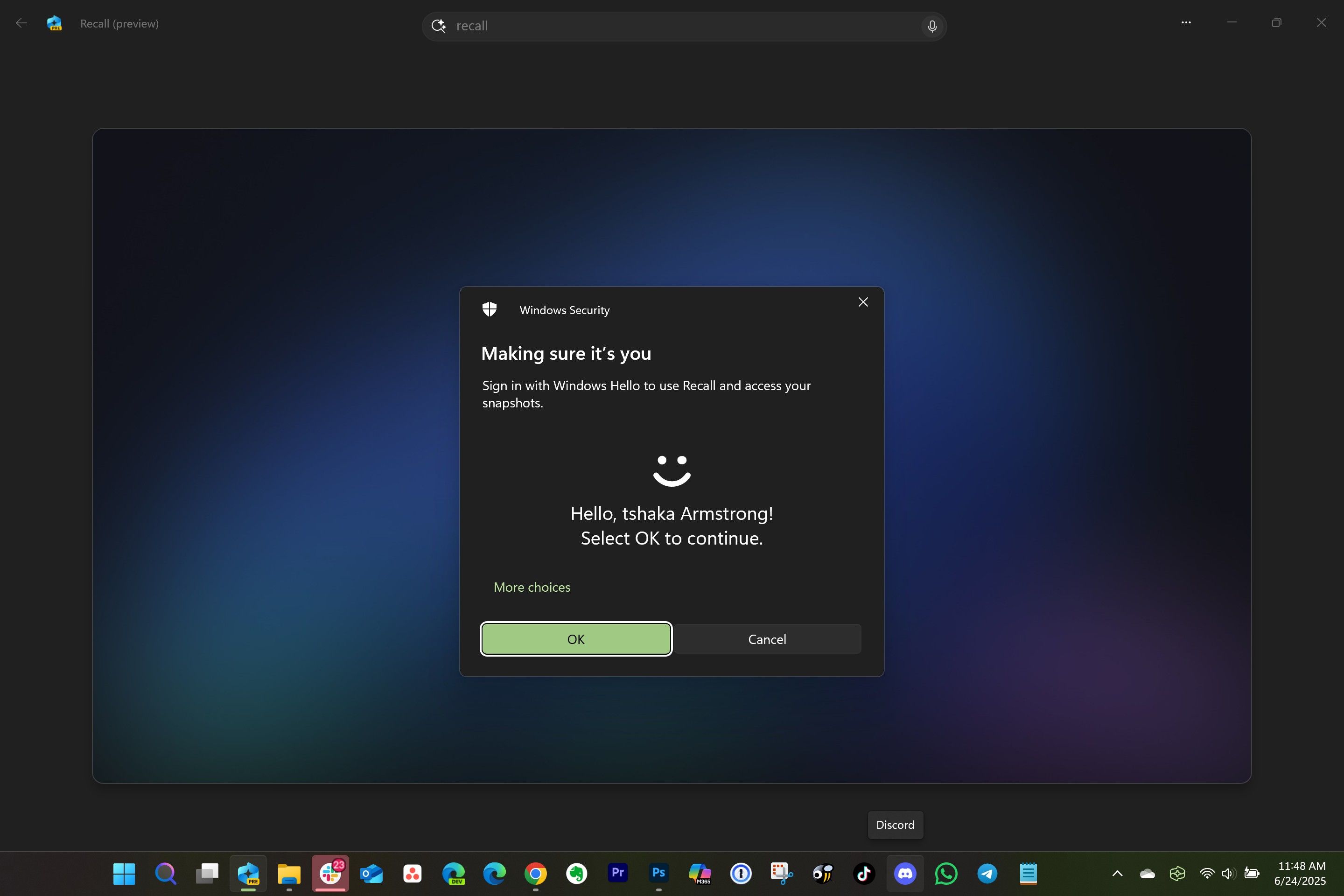 A screenshot of what Recall looks like when authenticating during launch