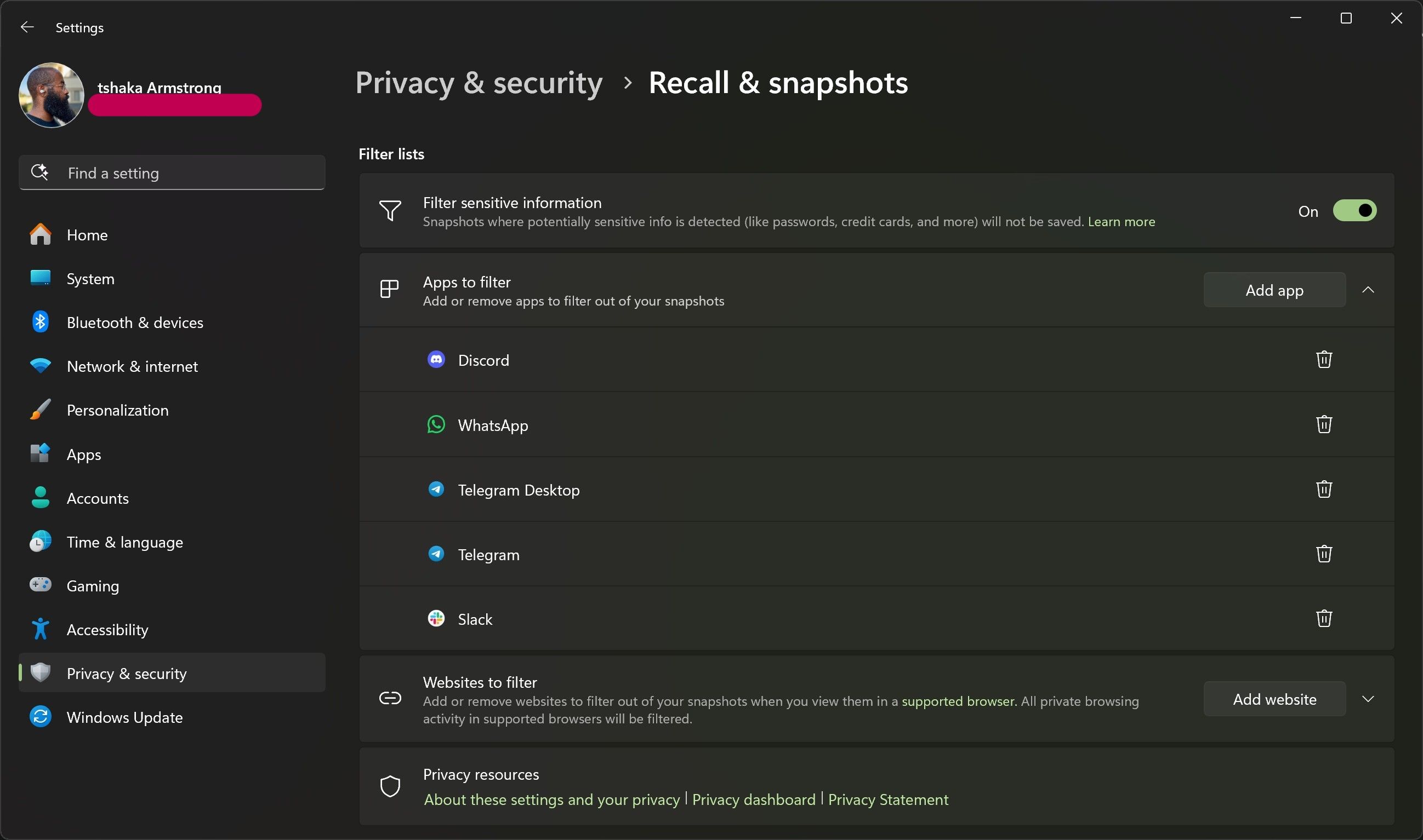 A screenshot of the Recall settings menu