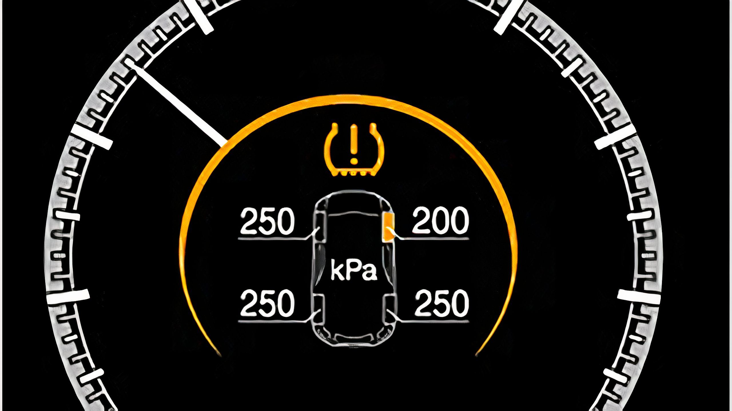 A still photo of a dash display showing a tire pressure monitoring warning light. 