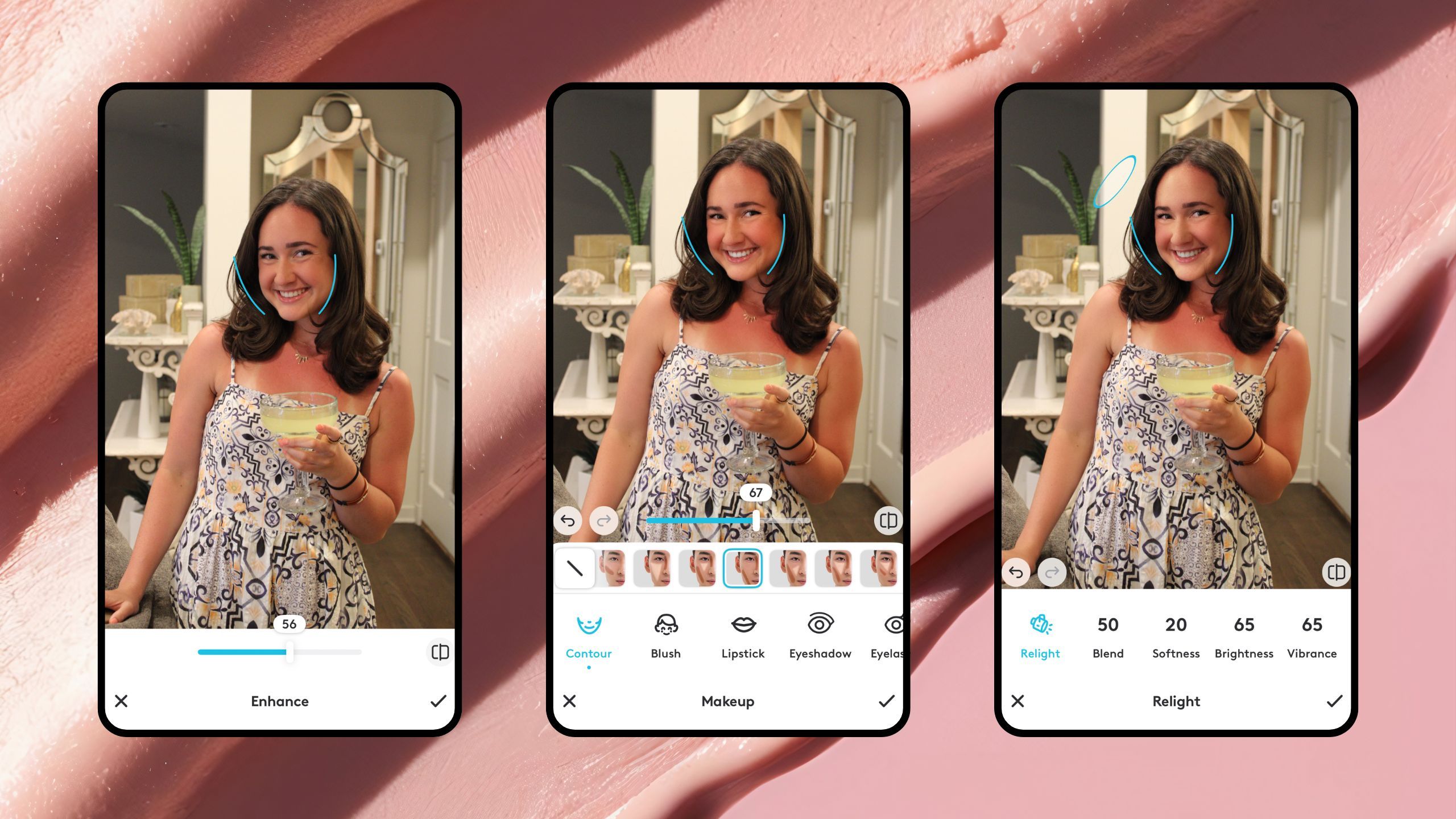 Three screenshots of a girl using Facetune. 