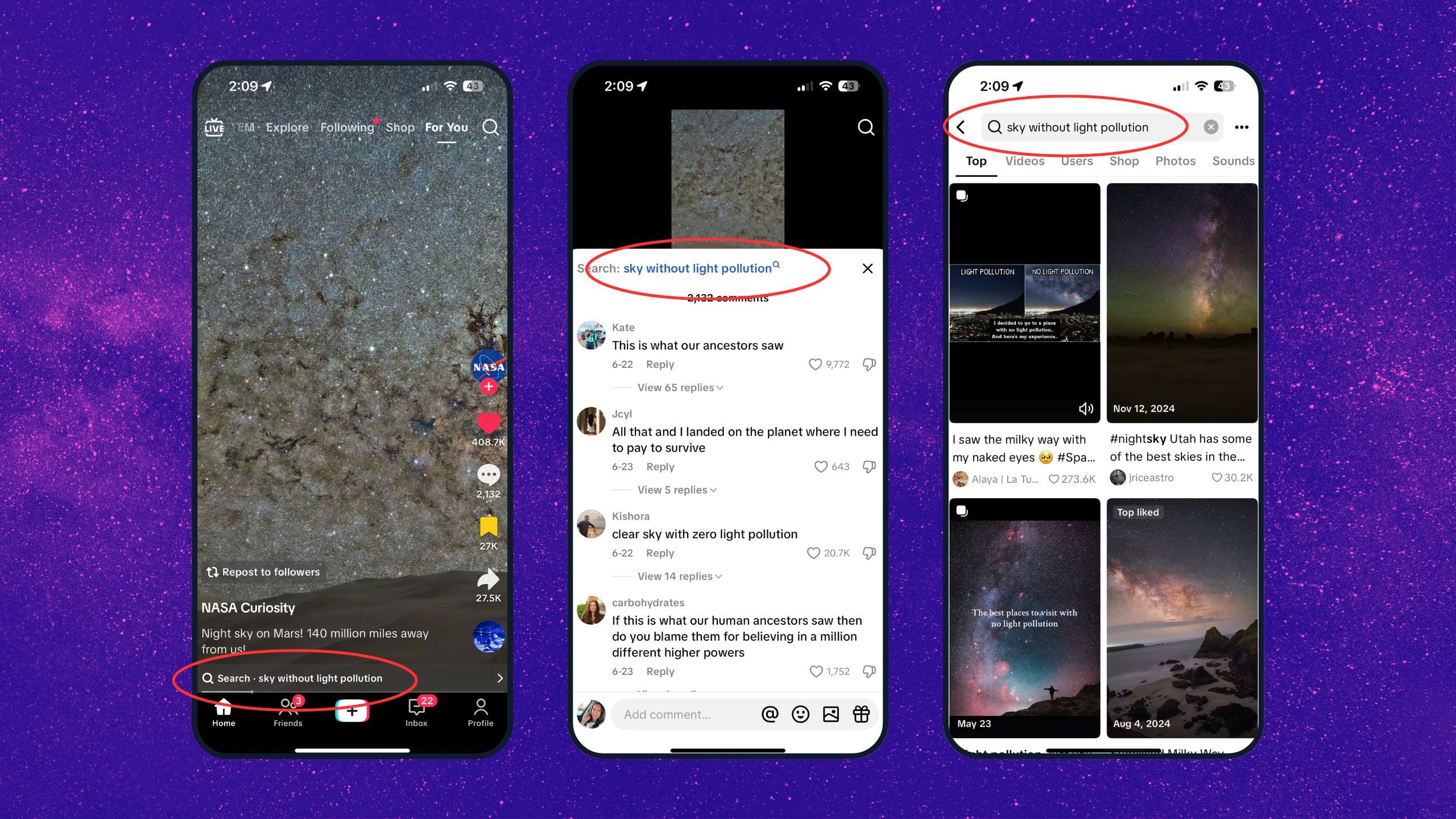 Three screenshots of search on tiktok. 