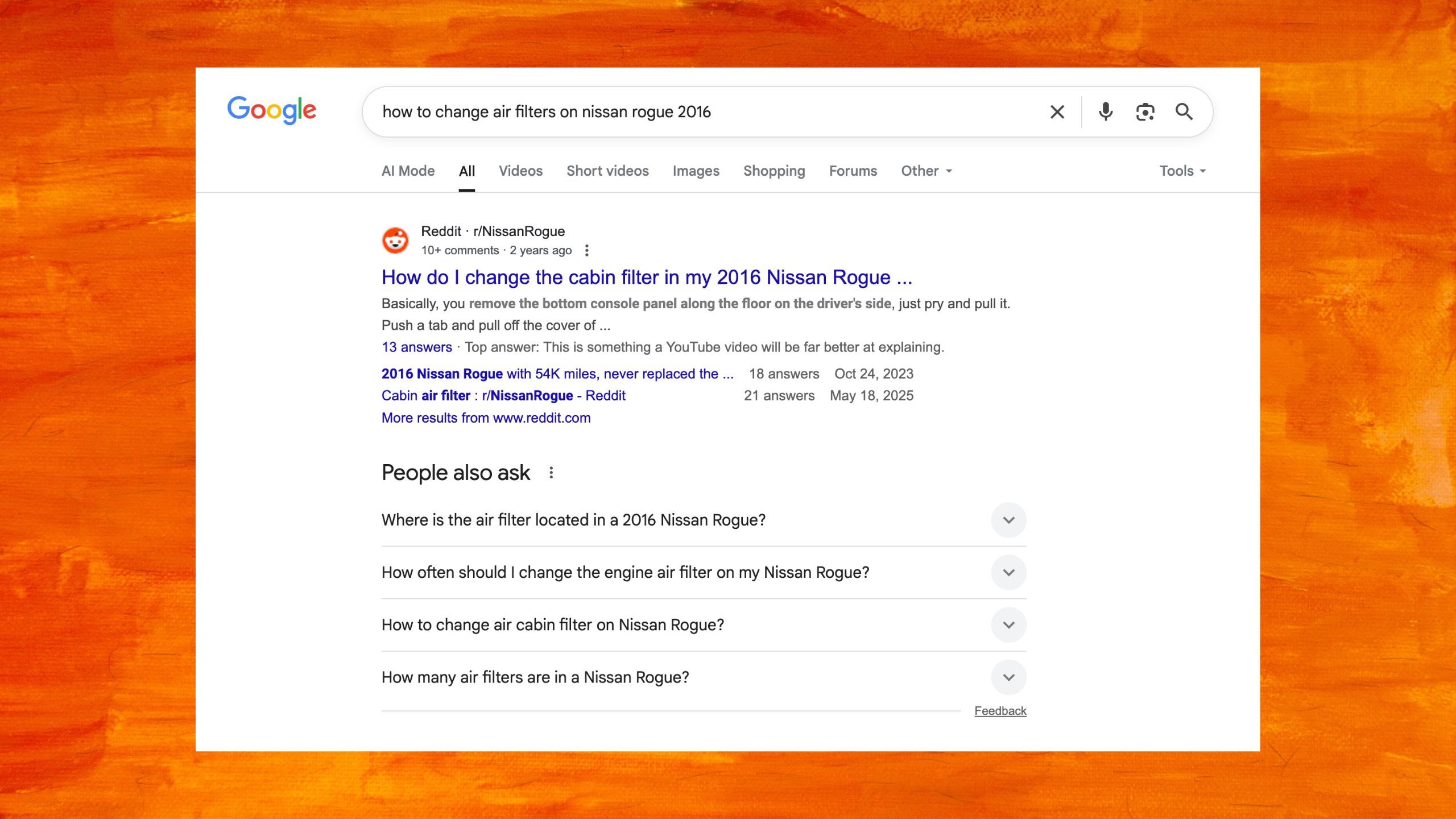 Searching for air filter change tutorials on Google. 