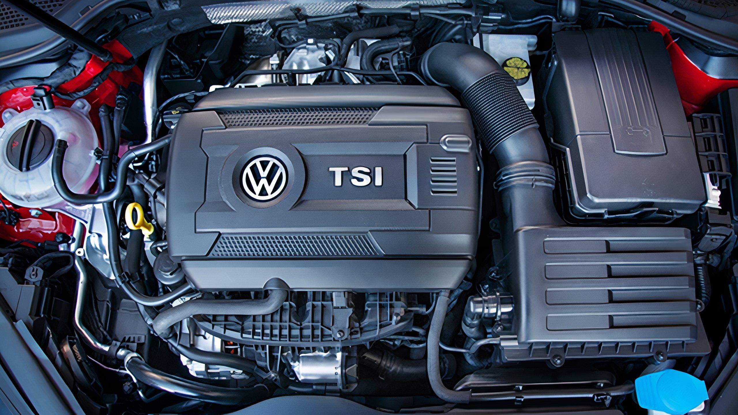 A 1.8-liter Volkswagen TSI engine in its engine bay. 