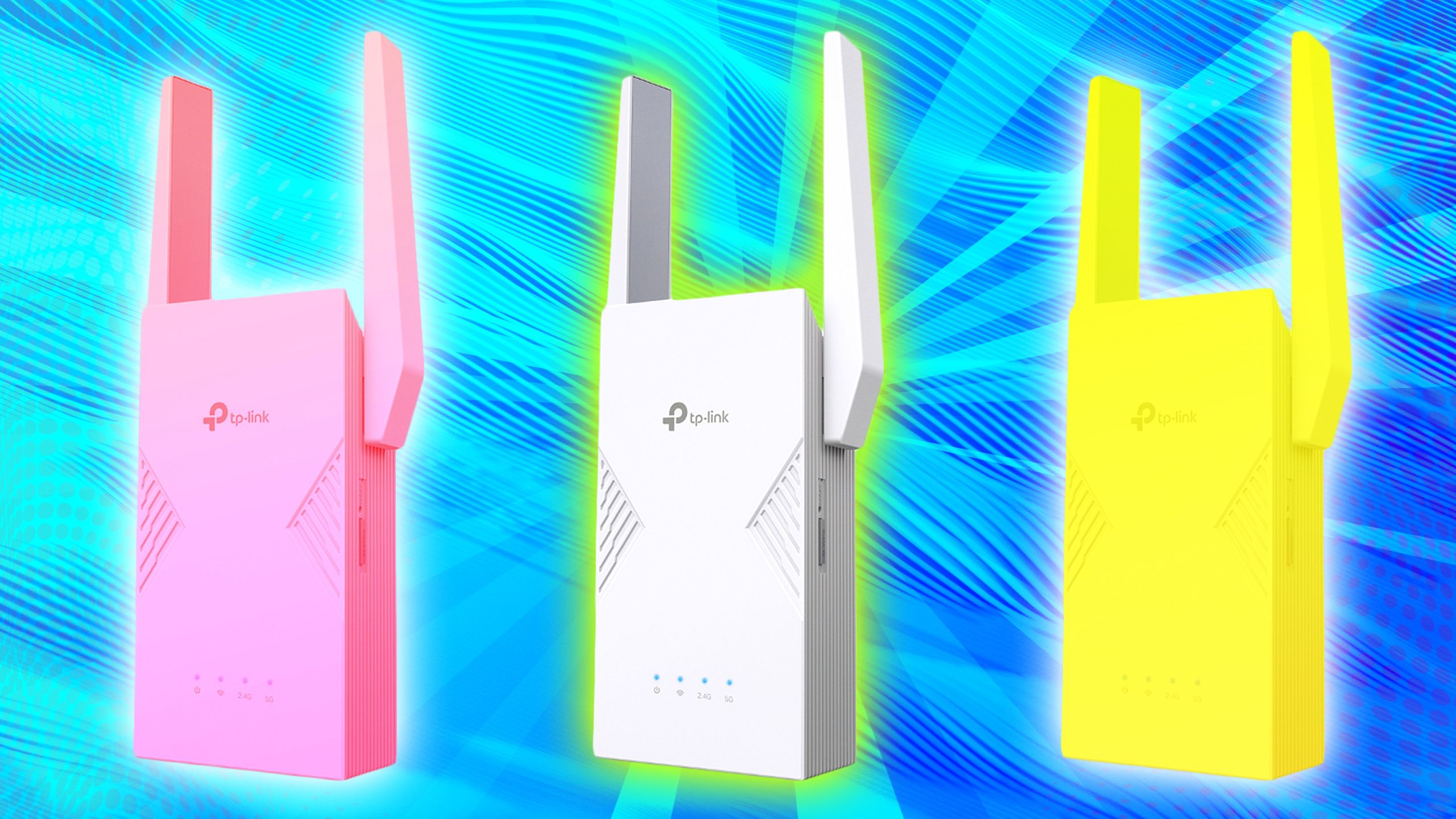 Wifi extenders in three different colors. 