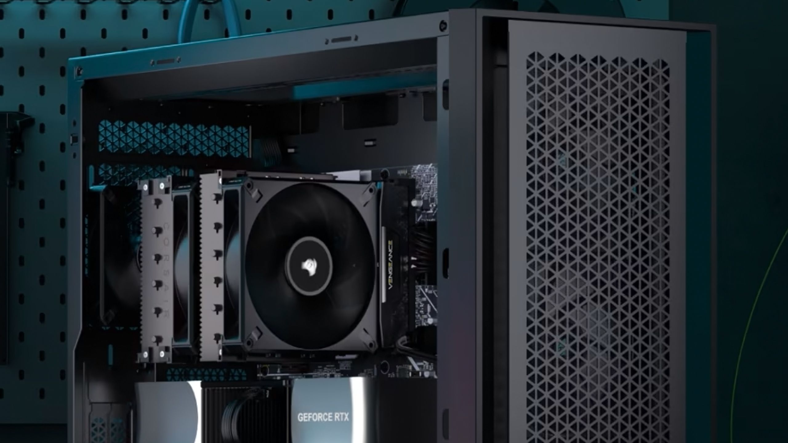 Corsair air cooling inside a gaming PC with an Nvidia GeForce RTX card.