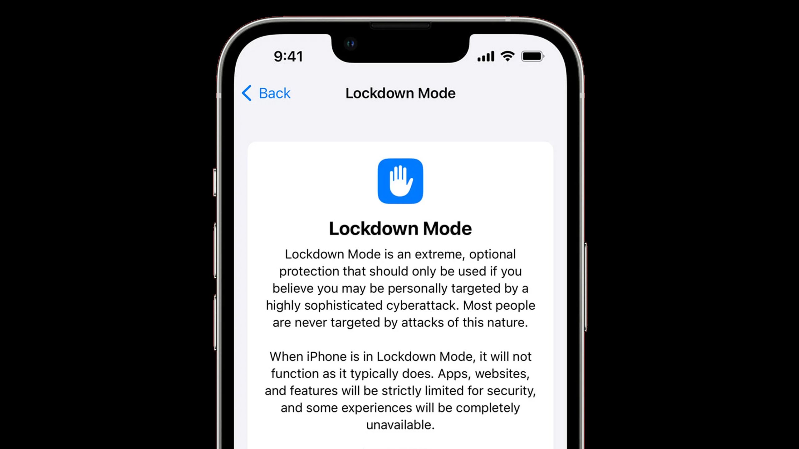 Enabling Lockdown Mode on an iPhone.