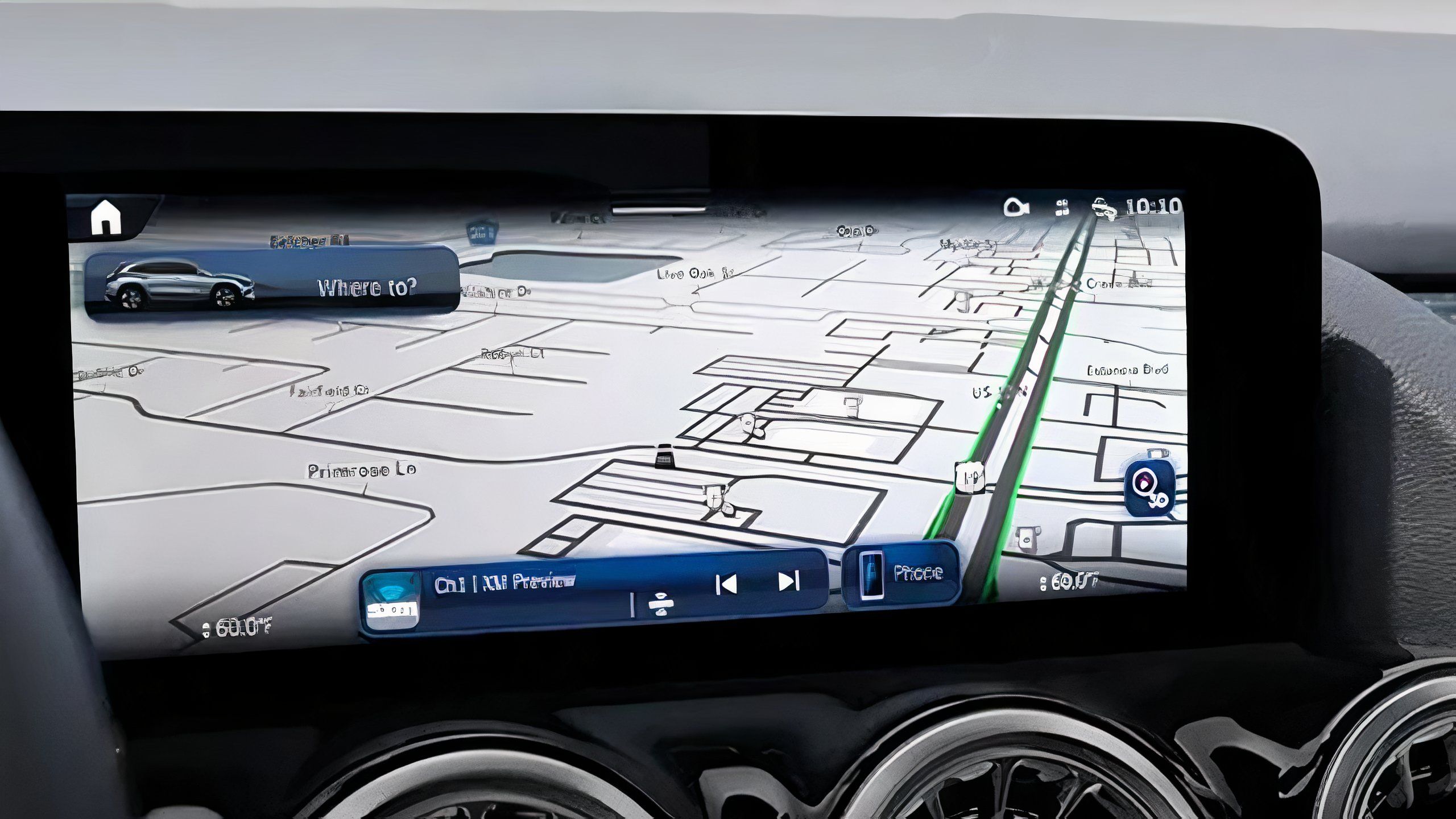 The resting screen of a Mercedes-Benz navigation system. 