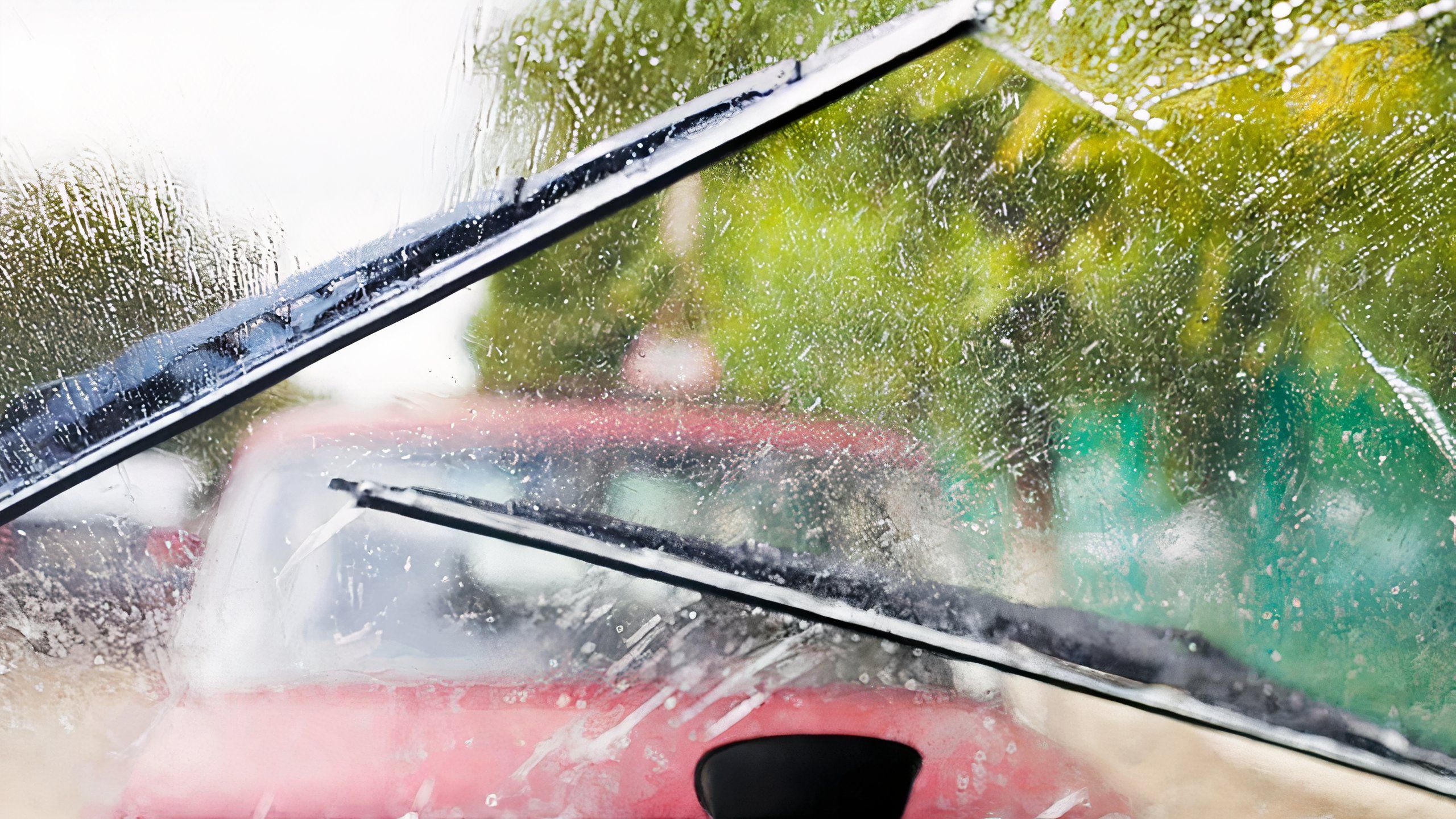 A pair of wipers sweeping across a rainy windshield. 