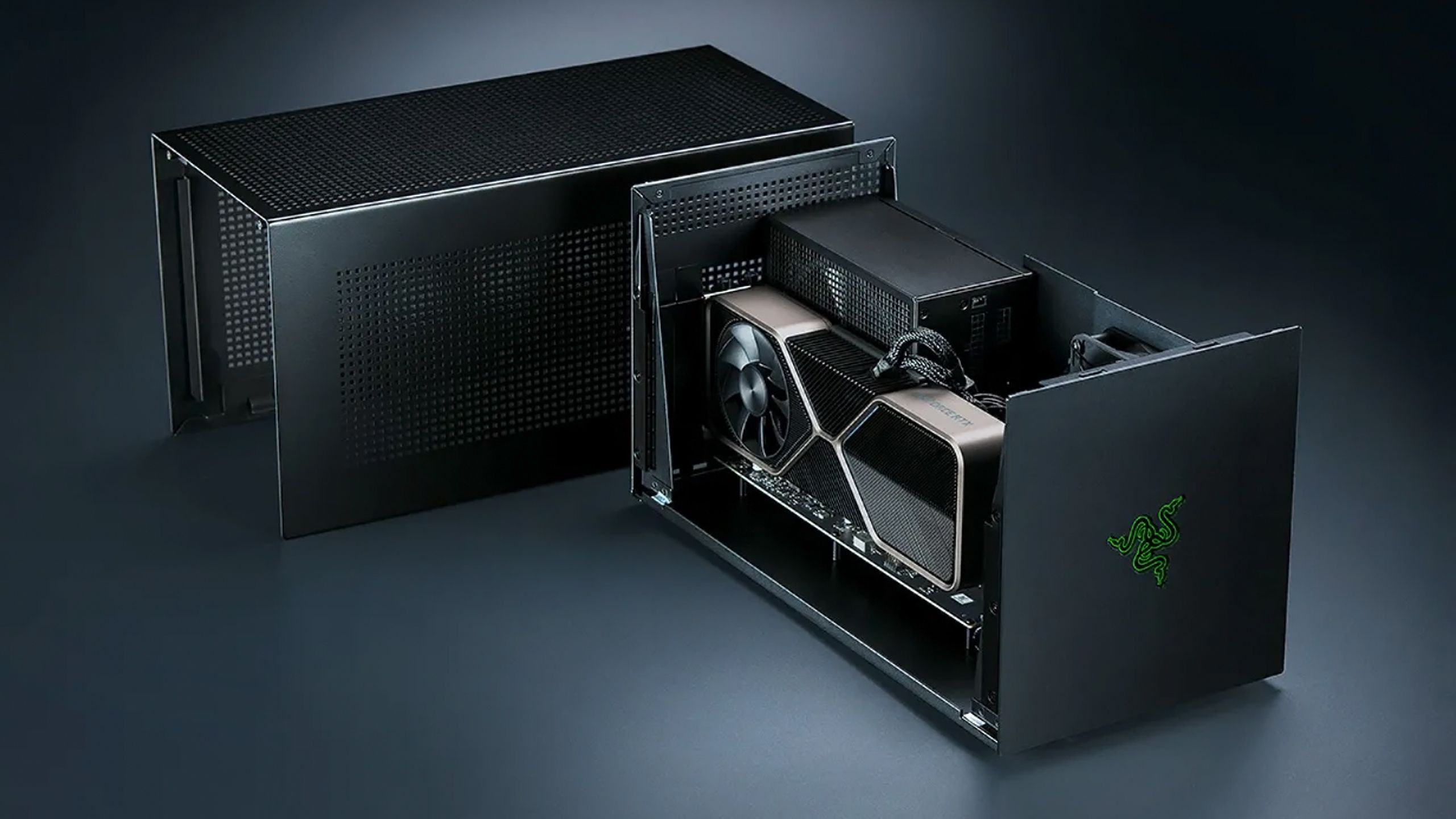 Razer's Core X V2 eGPU enclosure with an Nvidia GeForce RTX card inside.