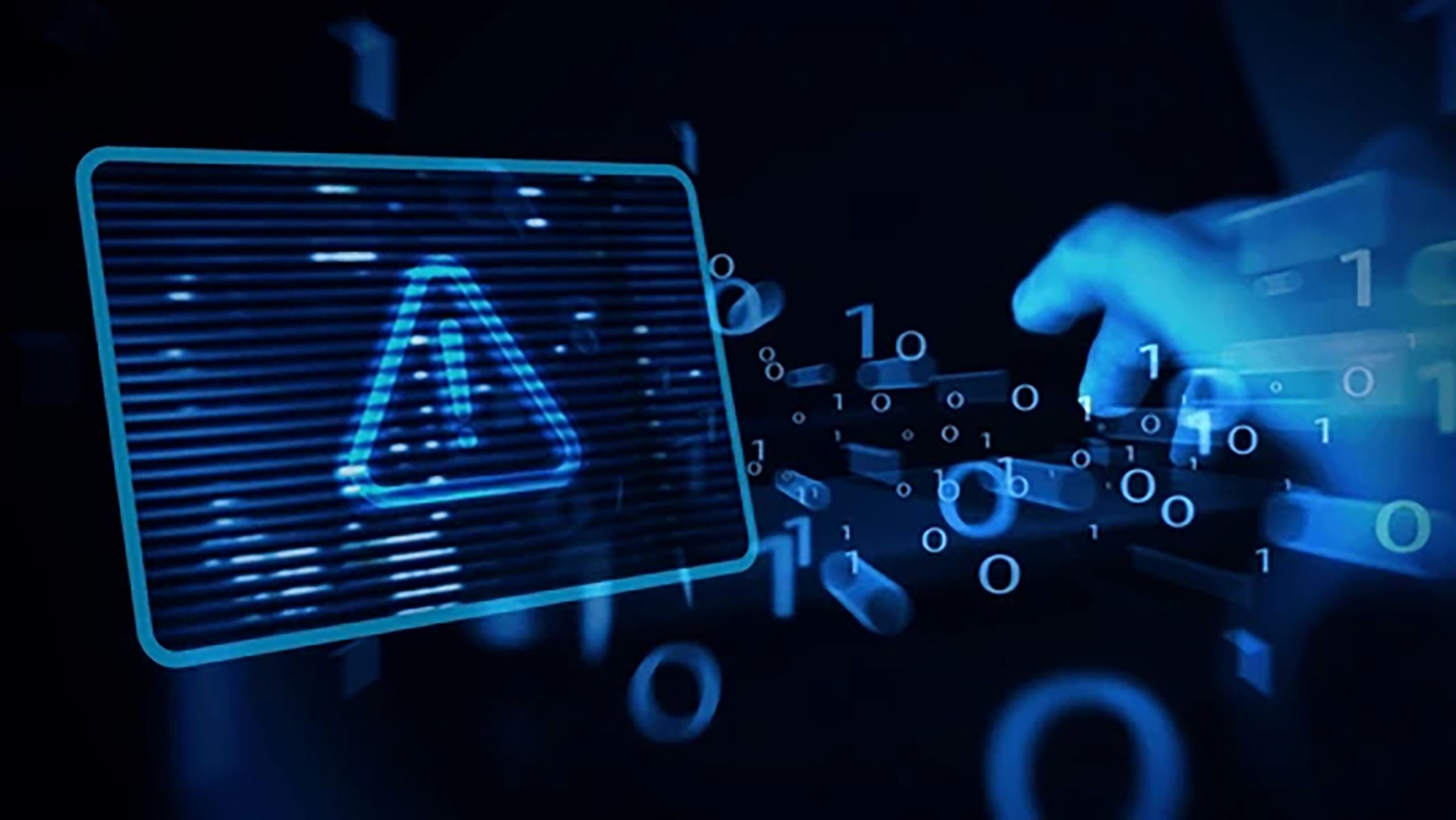 A stock photo of a warning icon surrounded by bits of code. 