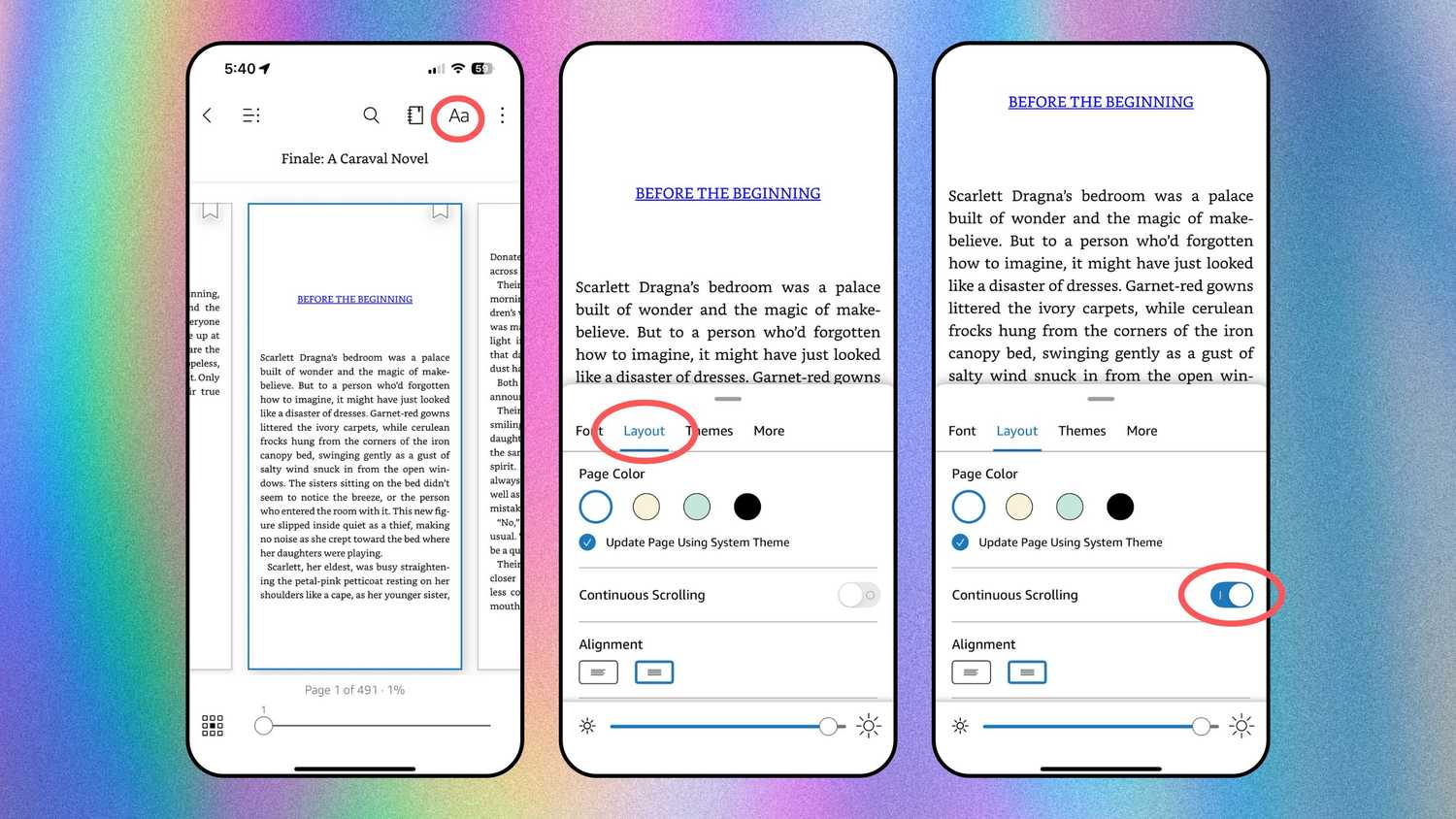 Continuous scrolling tutorial on the Kindle App. 