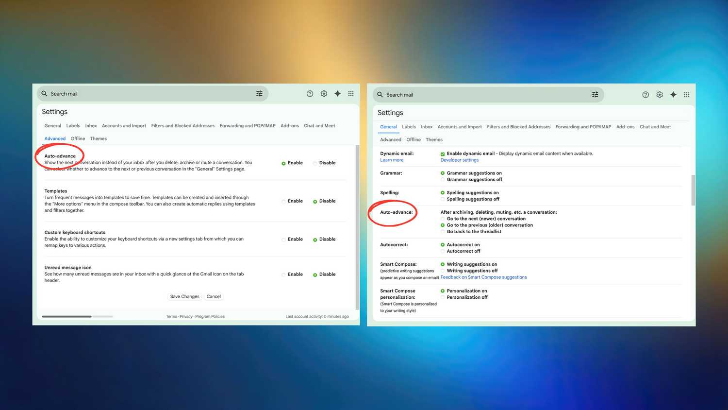 Auto-advance settings Gmail. 