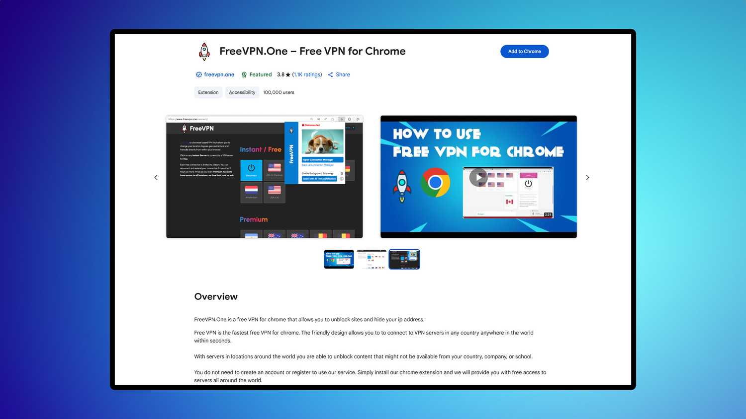 FreeVPN.One extension on Chrome that has security threats.