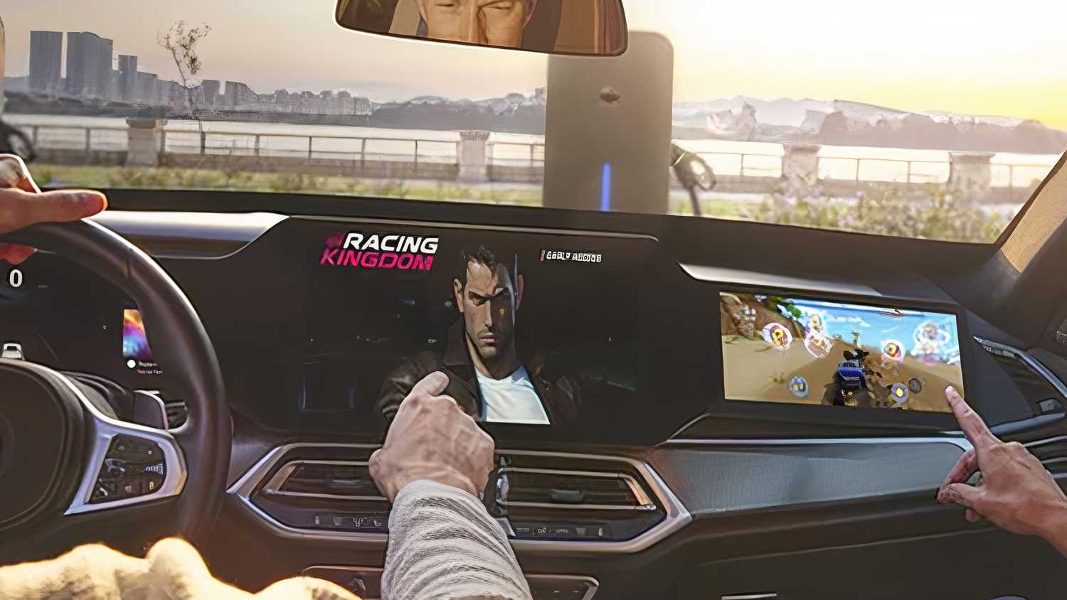 A still photo of a driver and passenger using the in-car infotainment suite made by Harman.