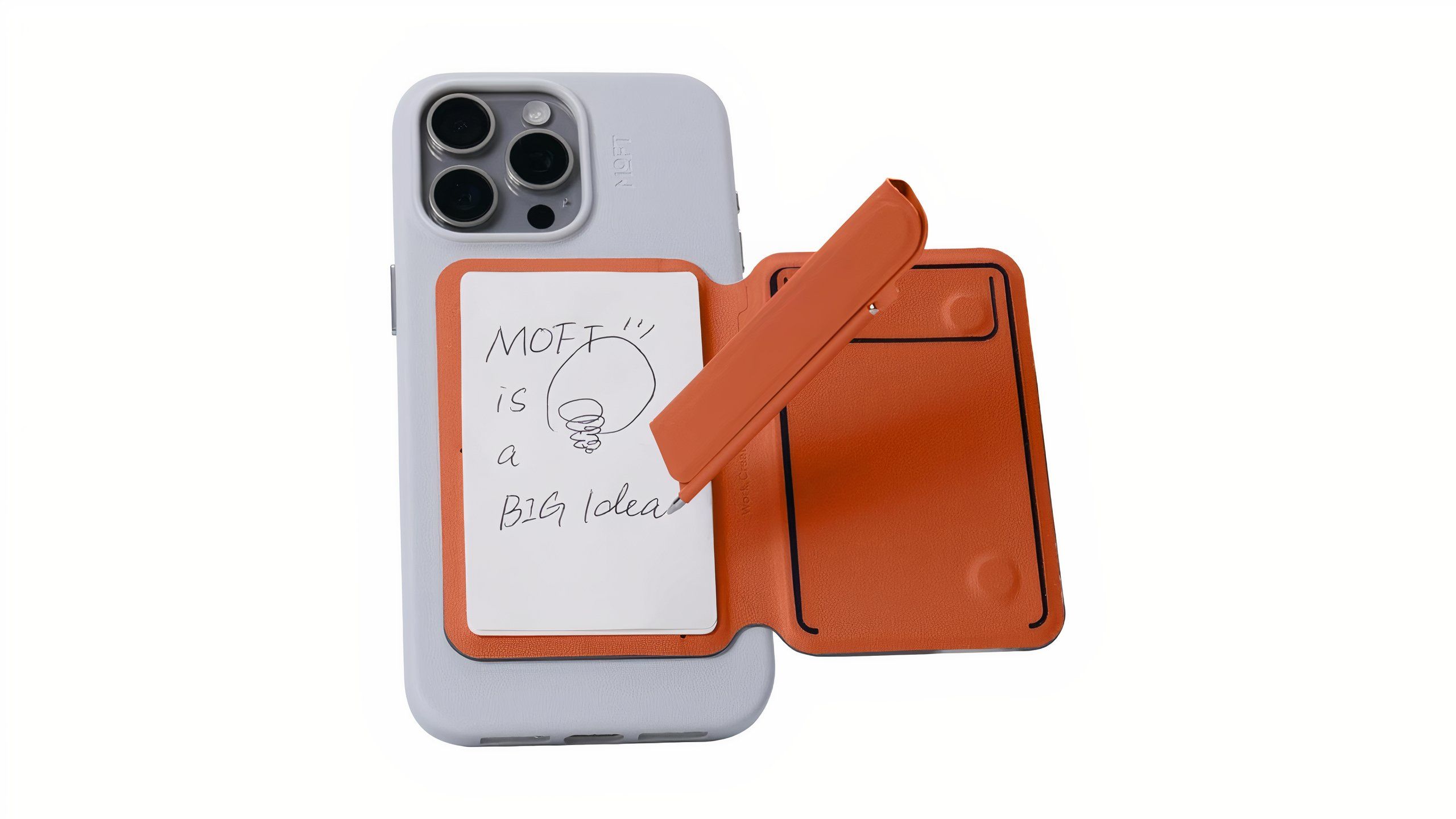 An iPhone with a magnetic notepad and wallet attached to it.