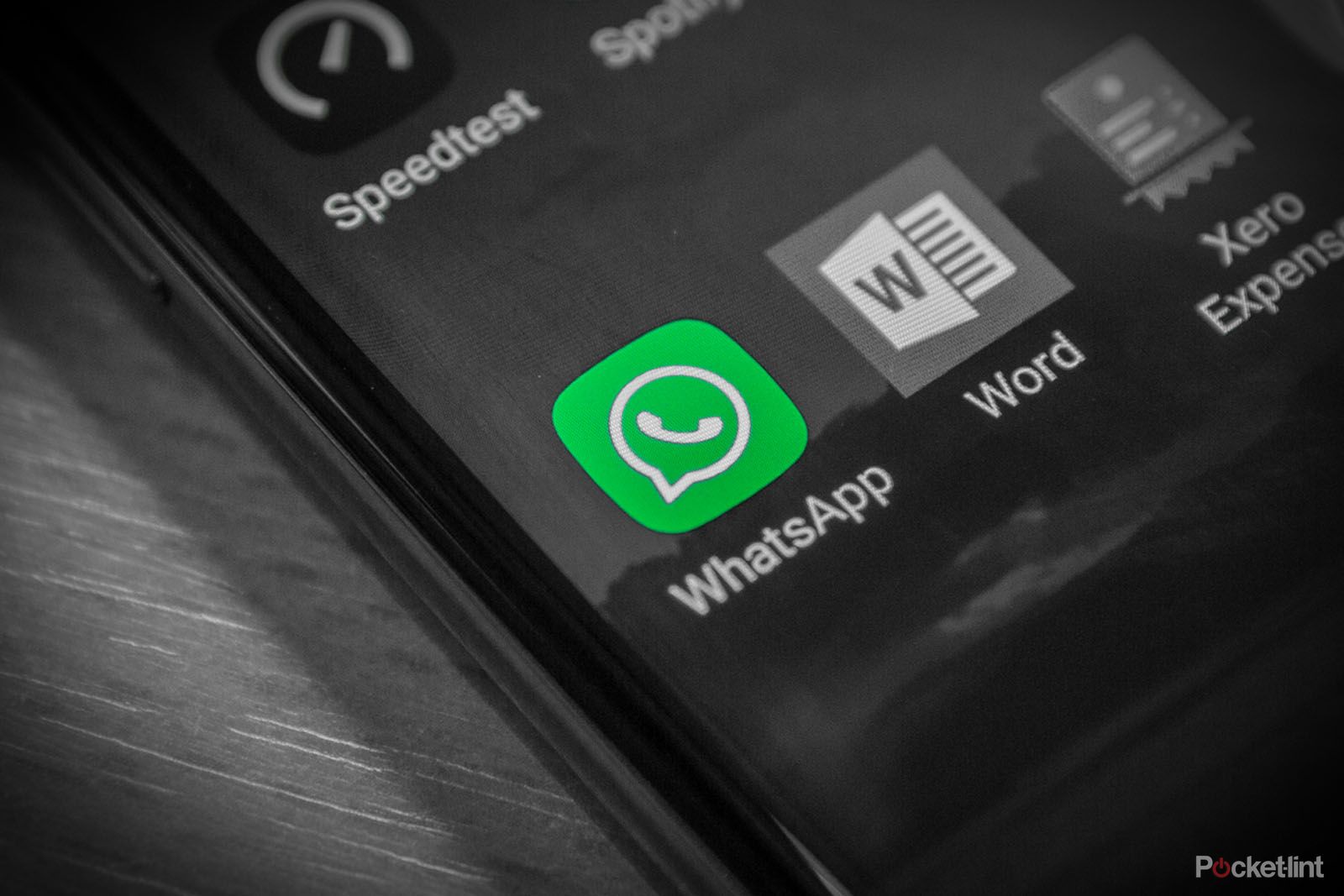 WhatsApp app icon in colour against a black and white phone home screen