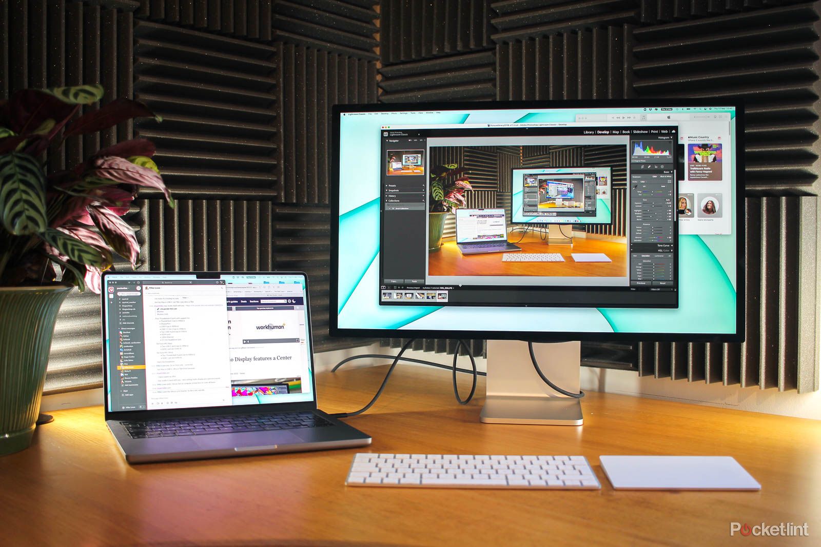 Apple Studio Display on a desk with a MacBook Pro