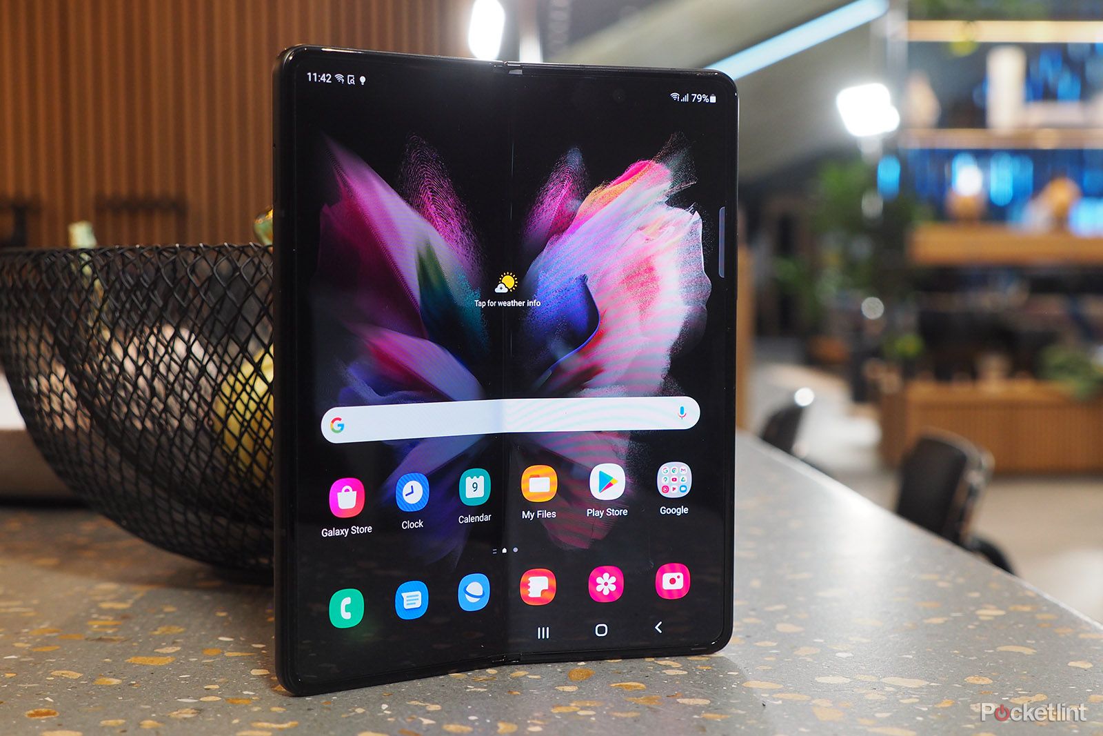 Samsung Galaxy Fold, open, on a table