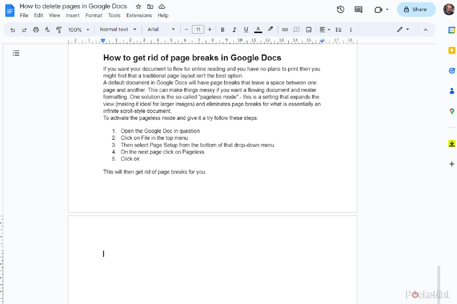 delete pages in Google Docs