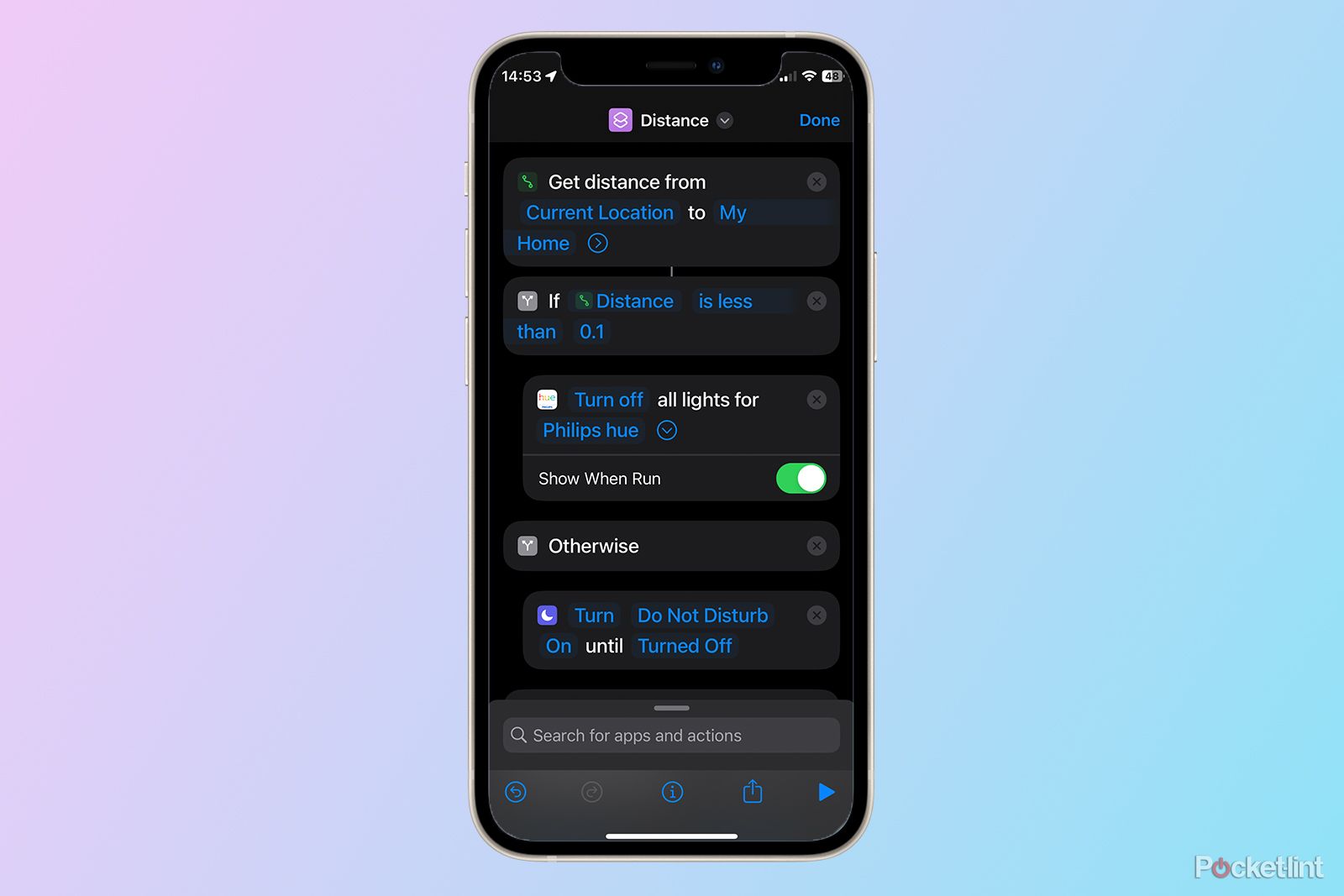 shortcuts location aware actions on iPhone 12 mini