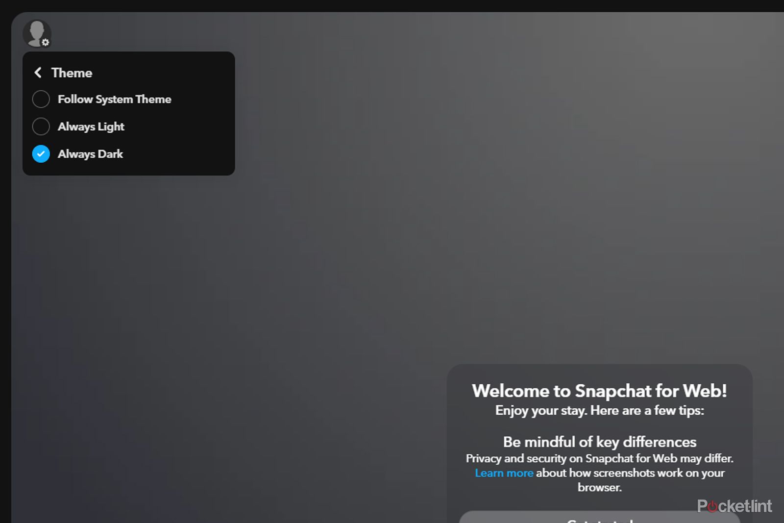 Snapchat on the web dark mode