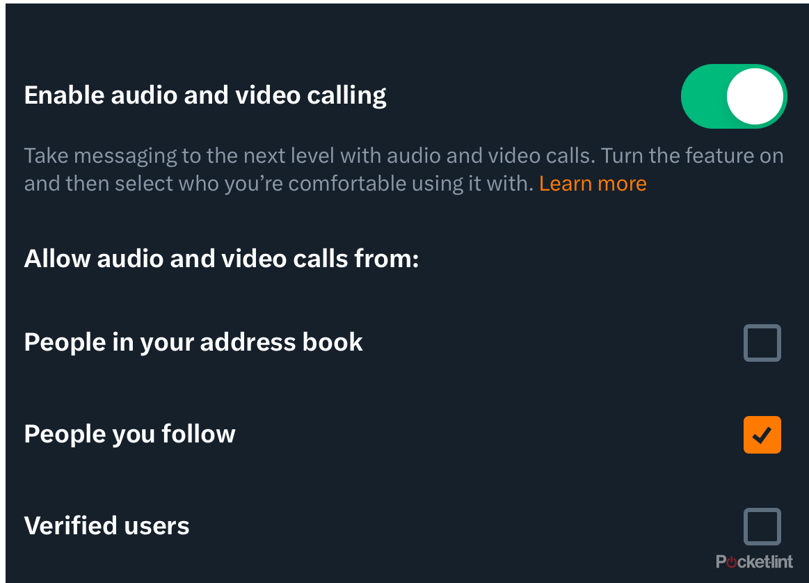 Default settings screen for calls on X