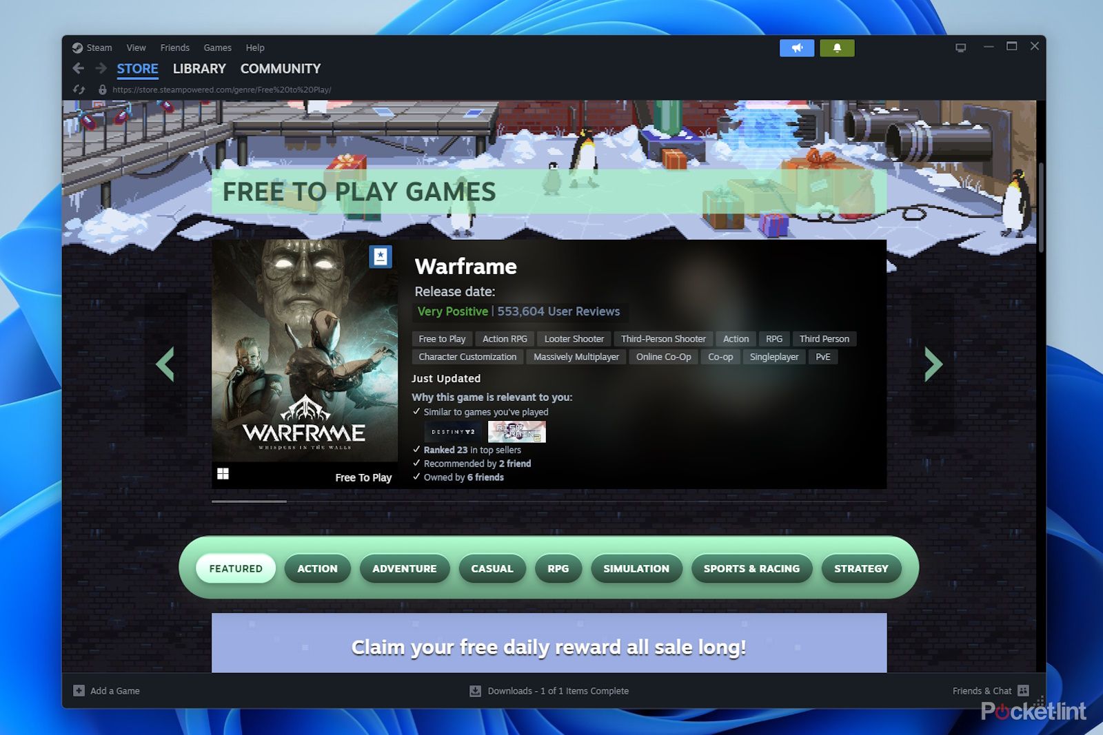 Free Steam games page in the Steam client on Windows desktop
