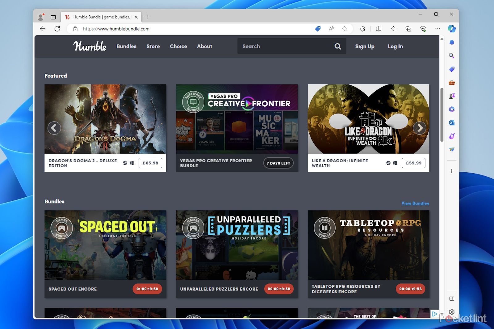Humble Bundle game store front page on Microsoft Edge