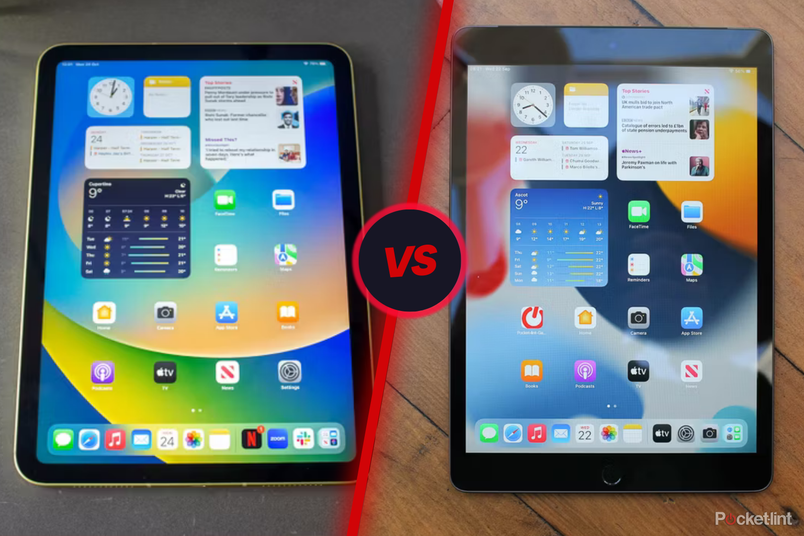 Picture of an iPad 10th gen with a VS symbol between a picture of an iPad 9th gen