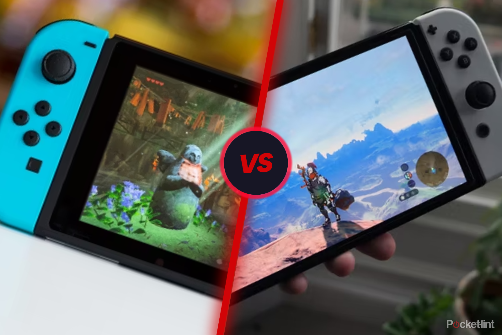 Miniature Switch vs OLED Switch de deux images pratiques des deux appareils avec VS entre les deux