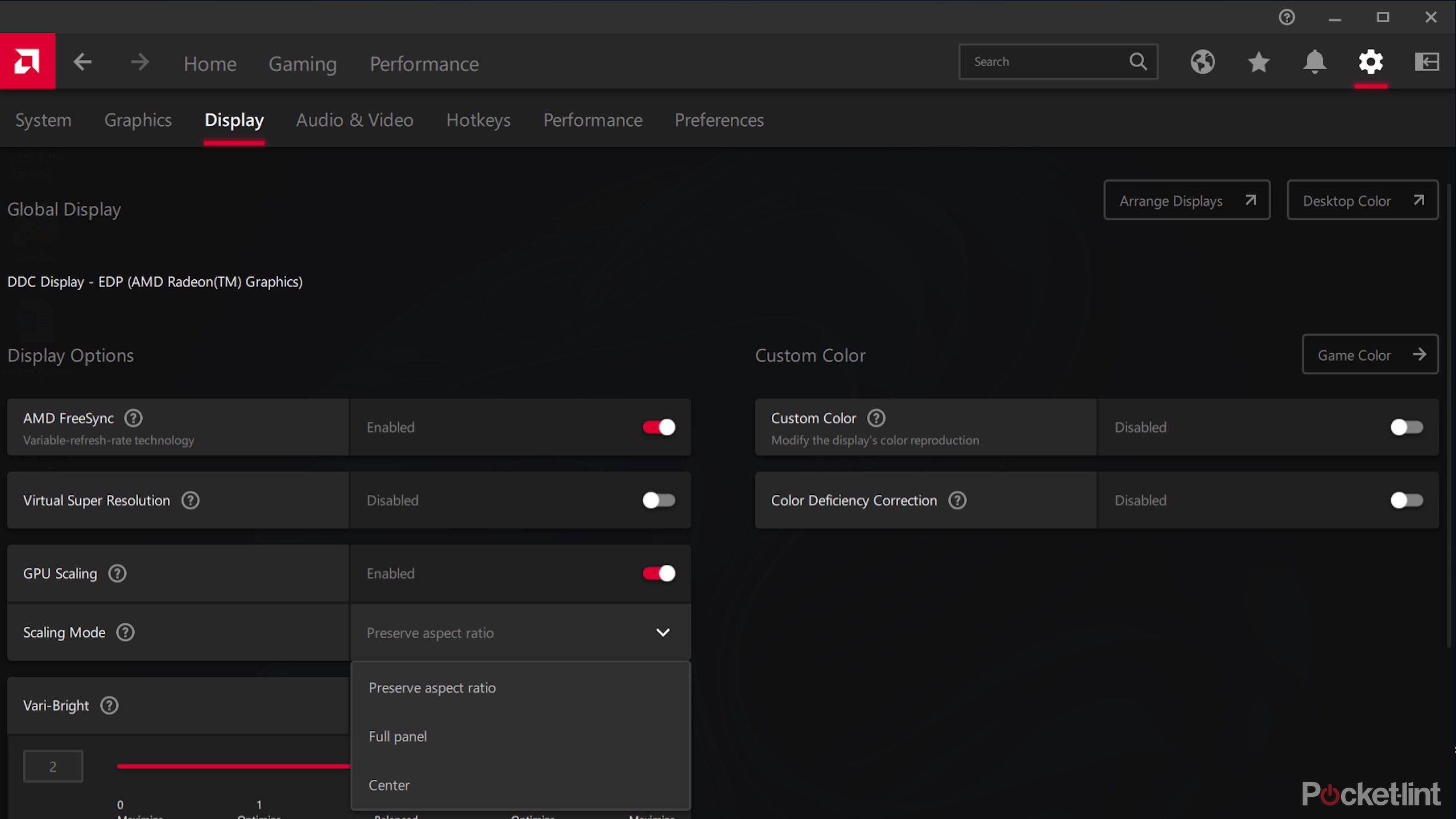 AMD Radeon Adrenalin control panel showing GPU scaling settings