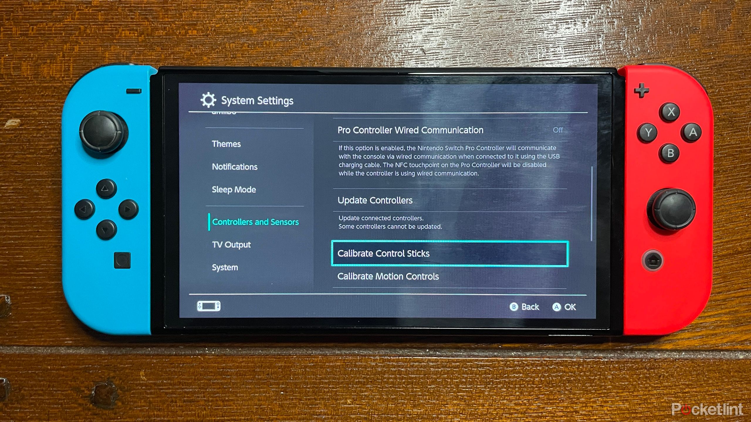 Nintendo Switch showing navigation to the calibration feature via settings menus step 2