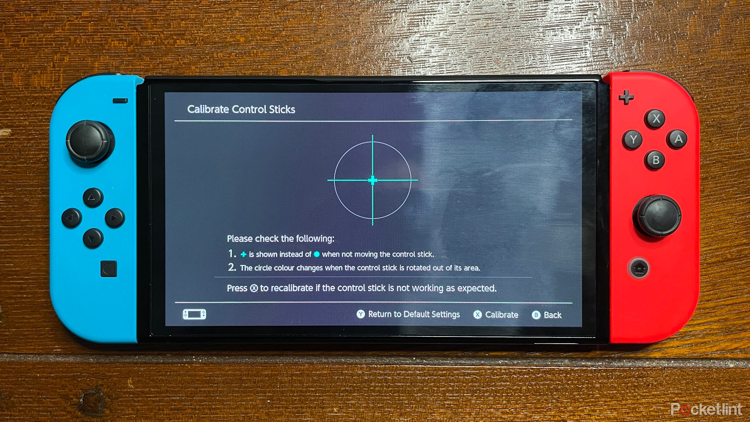 Nintendo Switch showing navigation to the calibration feature via settings menus step 4
