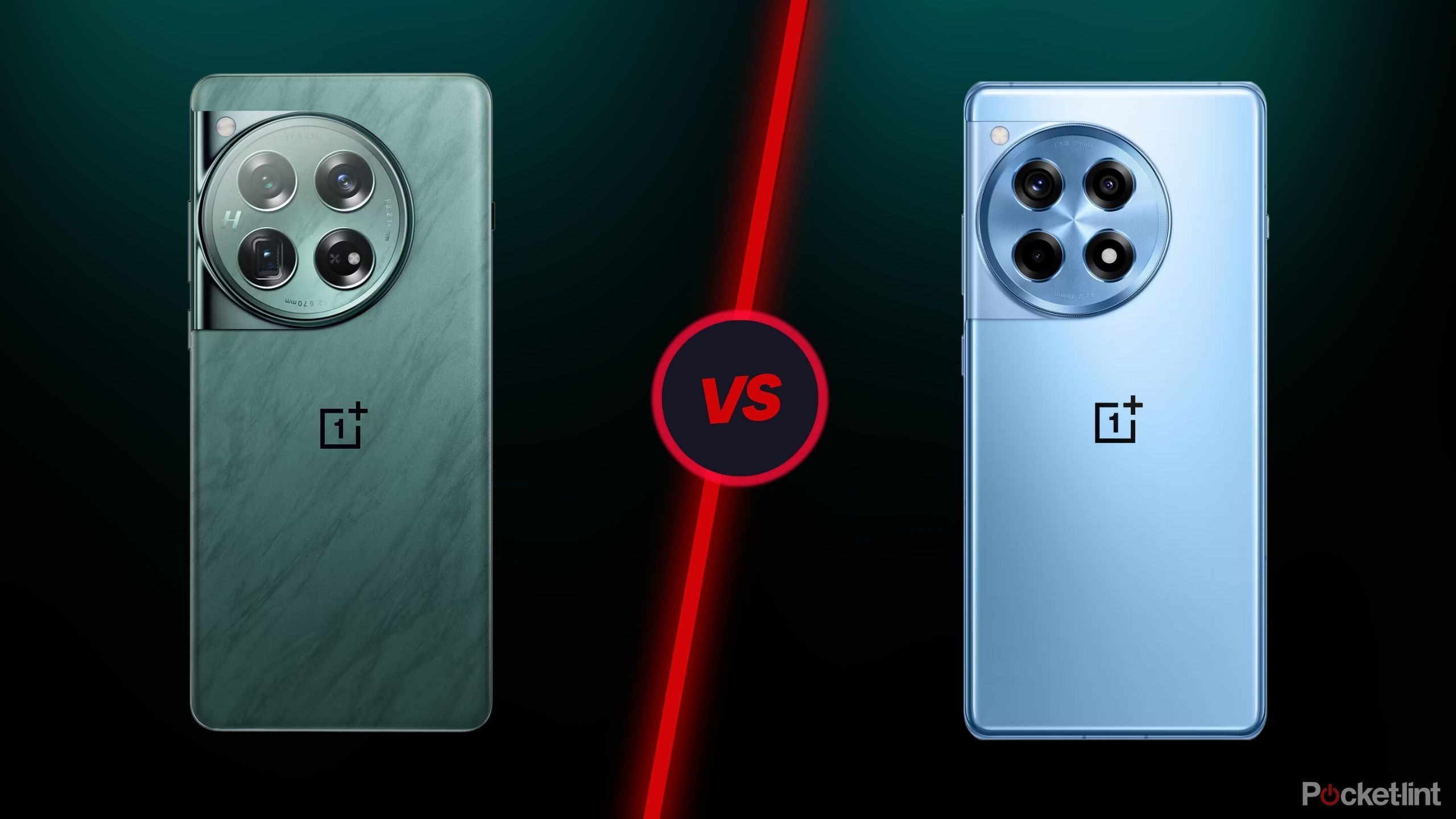 OnePlus12 vs. OnePlus12 R side by side phones green marble on left, blue sheen on right, versus slash inbetween