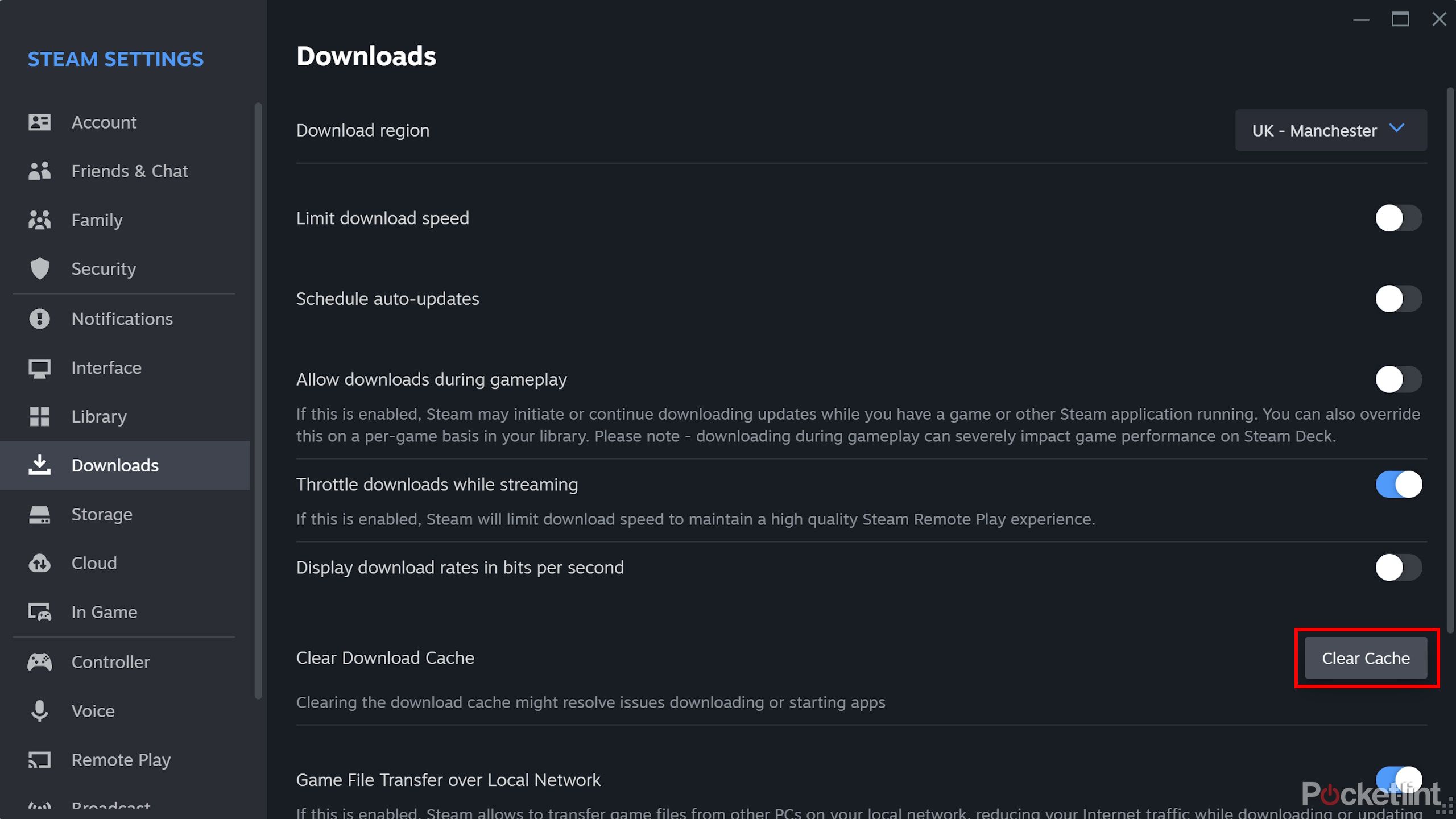Steam client download settings page highlighting clear cache button