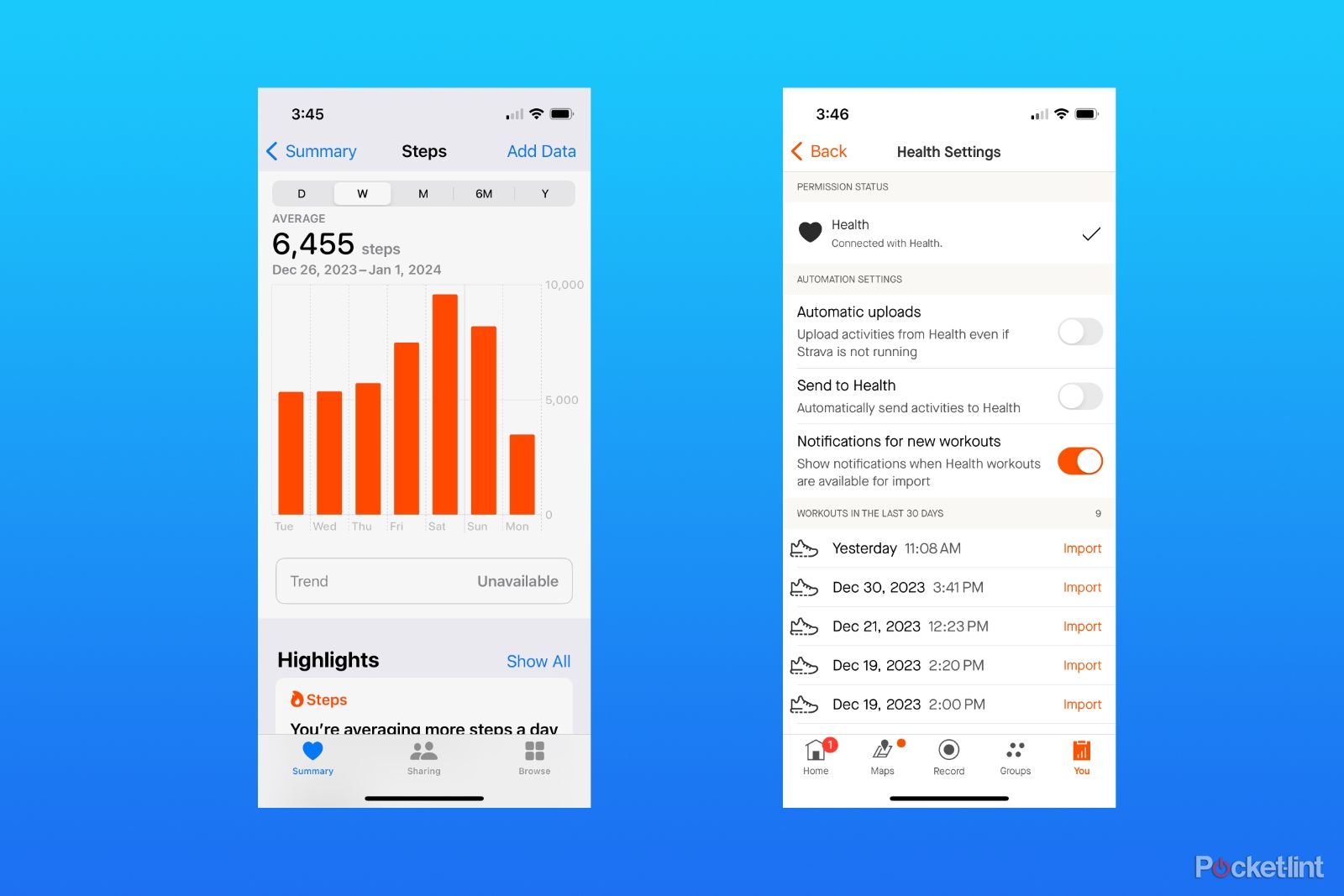 A screenshot of the Apple Health Steps page next to a screenshot of the Strava settings on a blue gradient background.