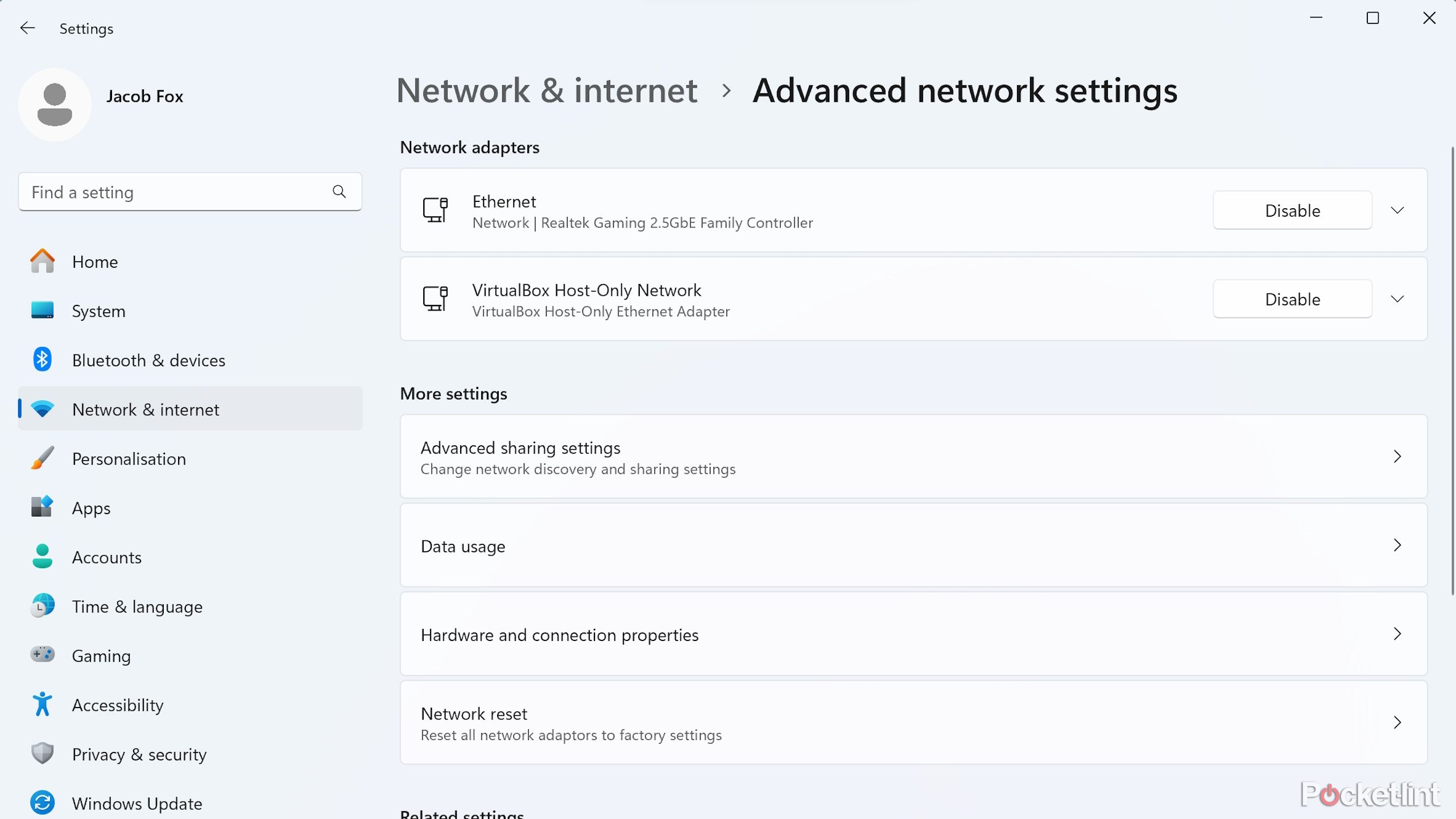 Windows 11 advanced network settings page