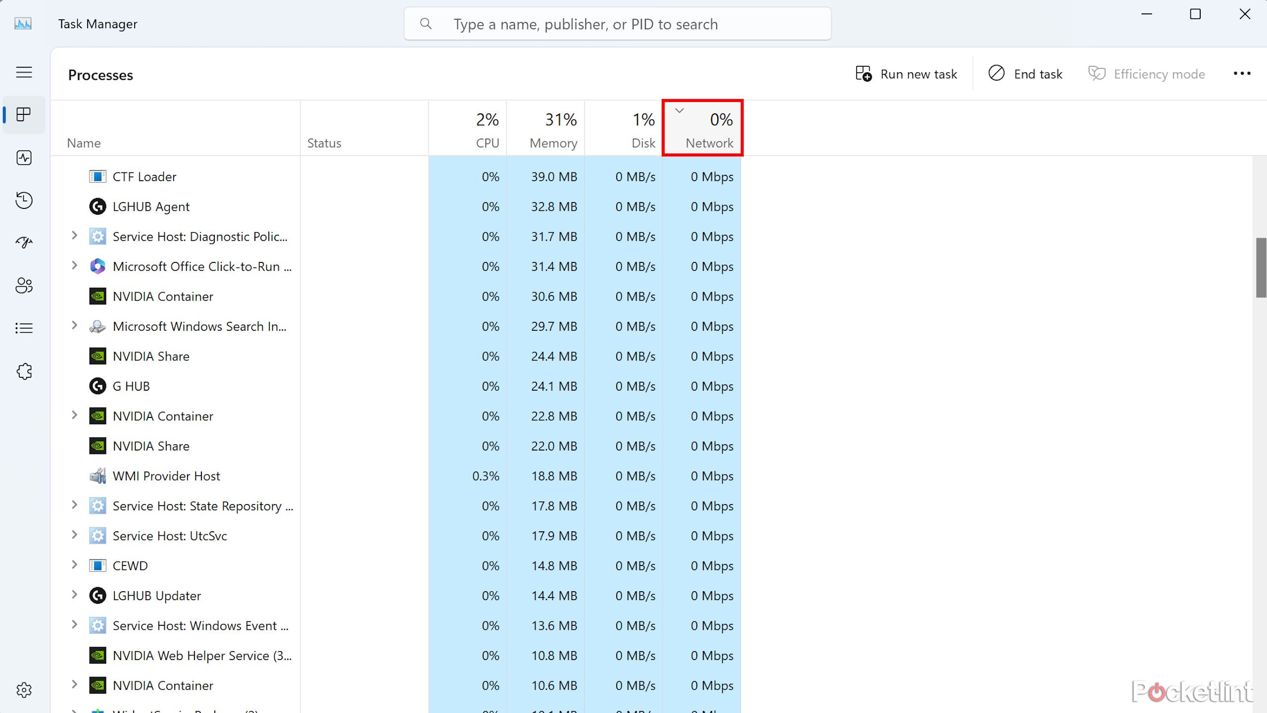 Windows 11 task manager highlighting order by network usage button