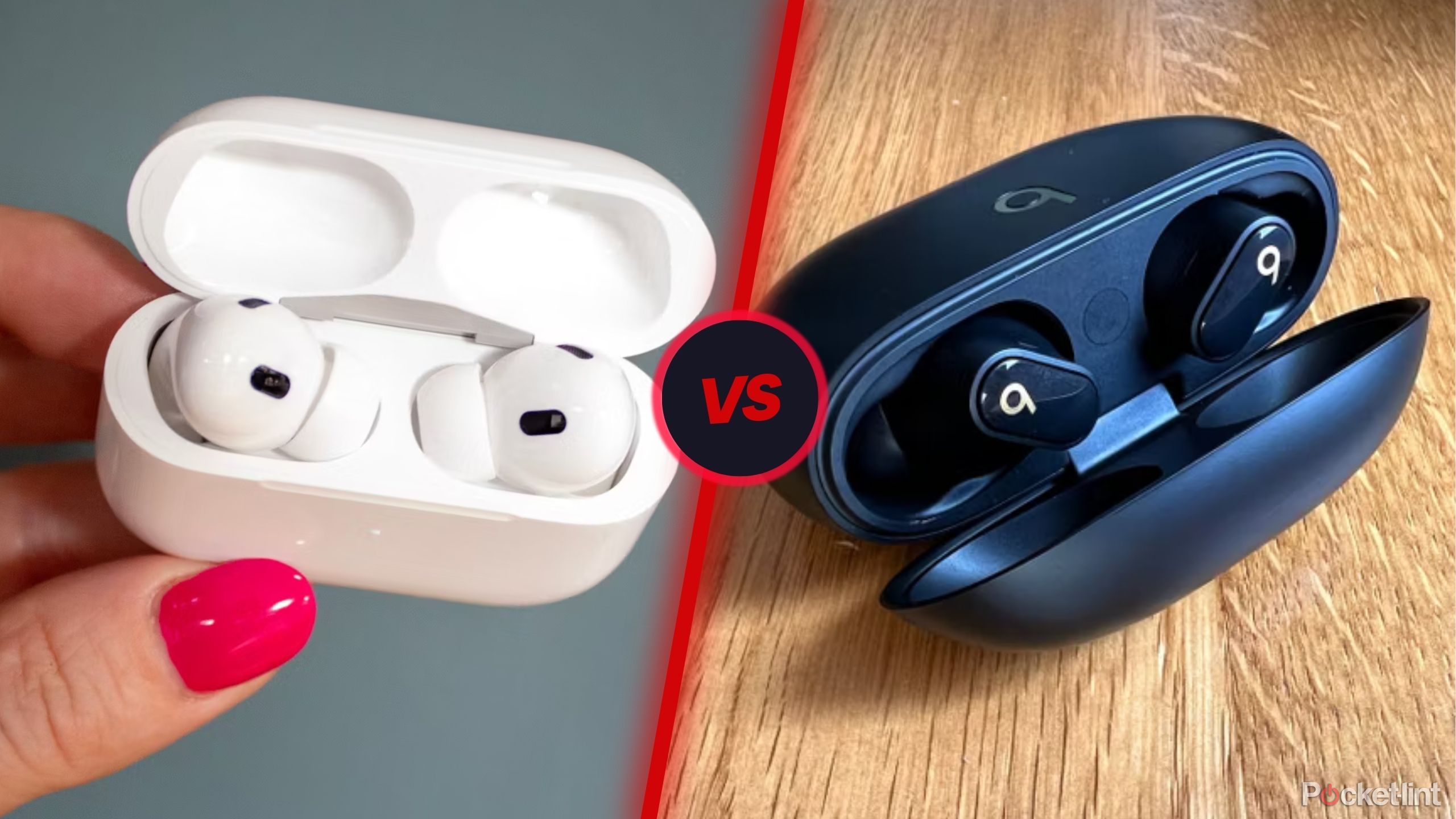 Beats Studio Buds+ photo next to red slash line with VS in middle on other side photo of Apple AirPods Pro 2nd Generation (USB-C)