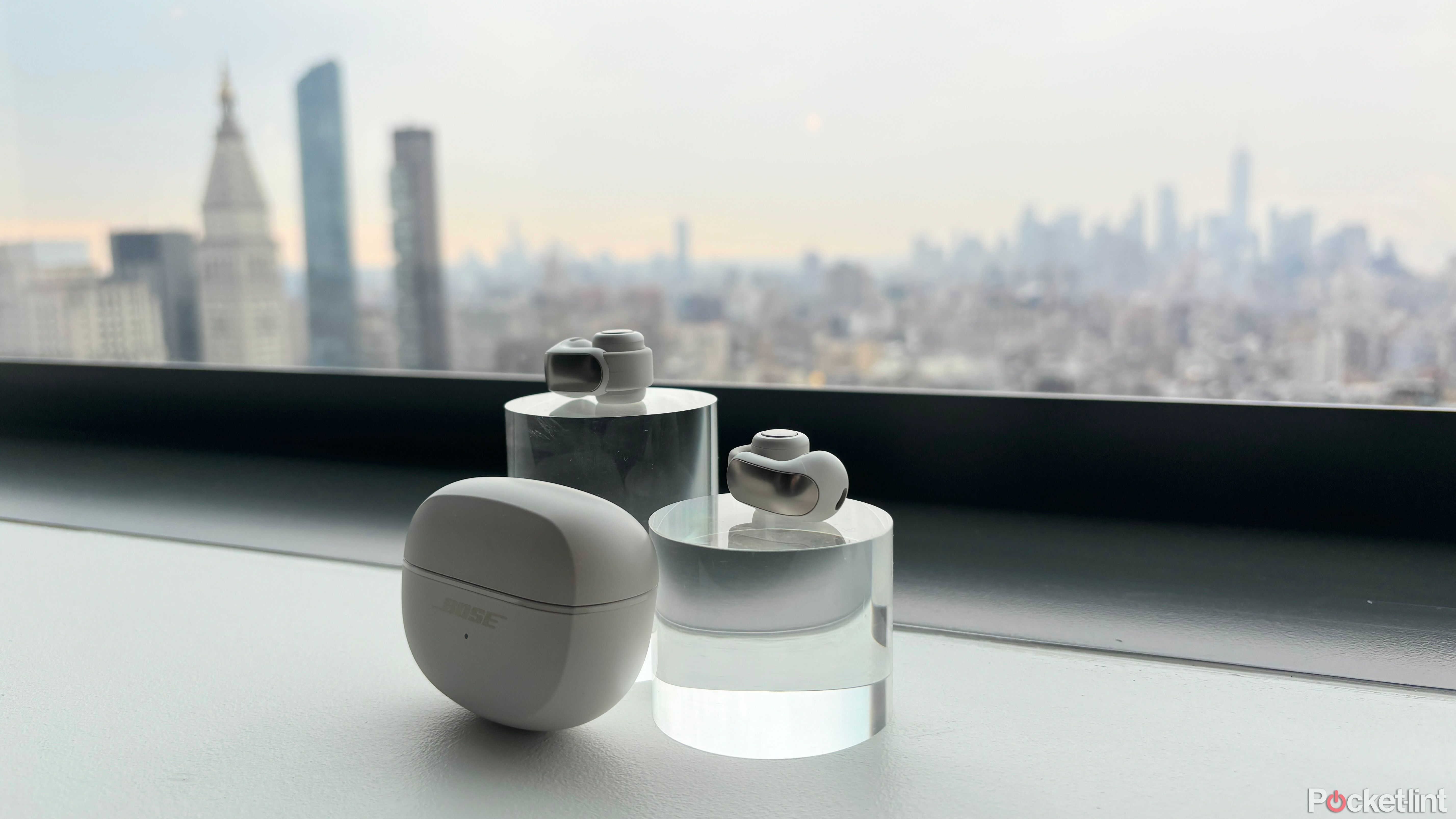 Bose Open Ultra in White Smoke with NYC skyline