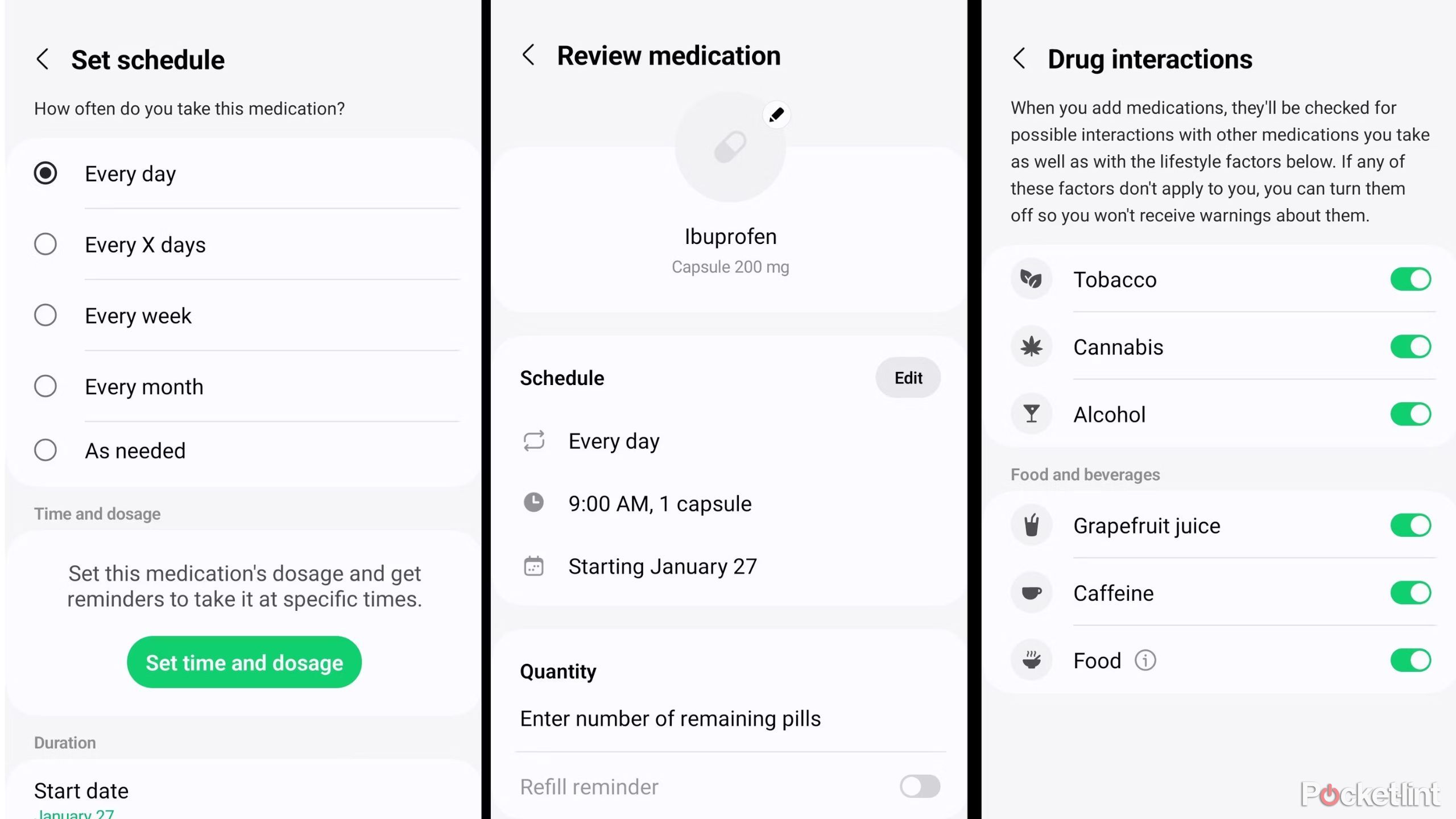Samsung health medication tracker scheduling screenshots