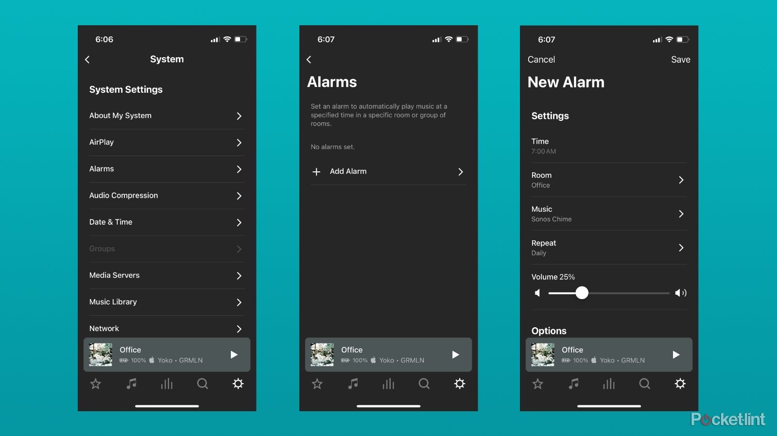 The settings screens for setting an alarm in the Sonos app.