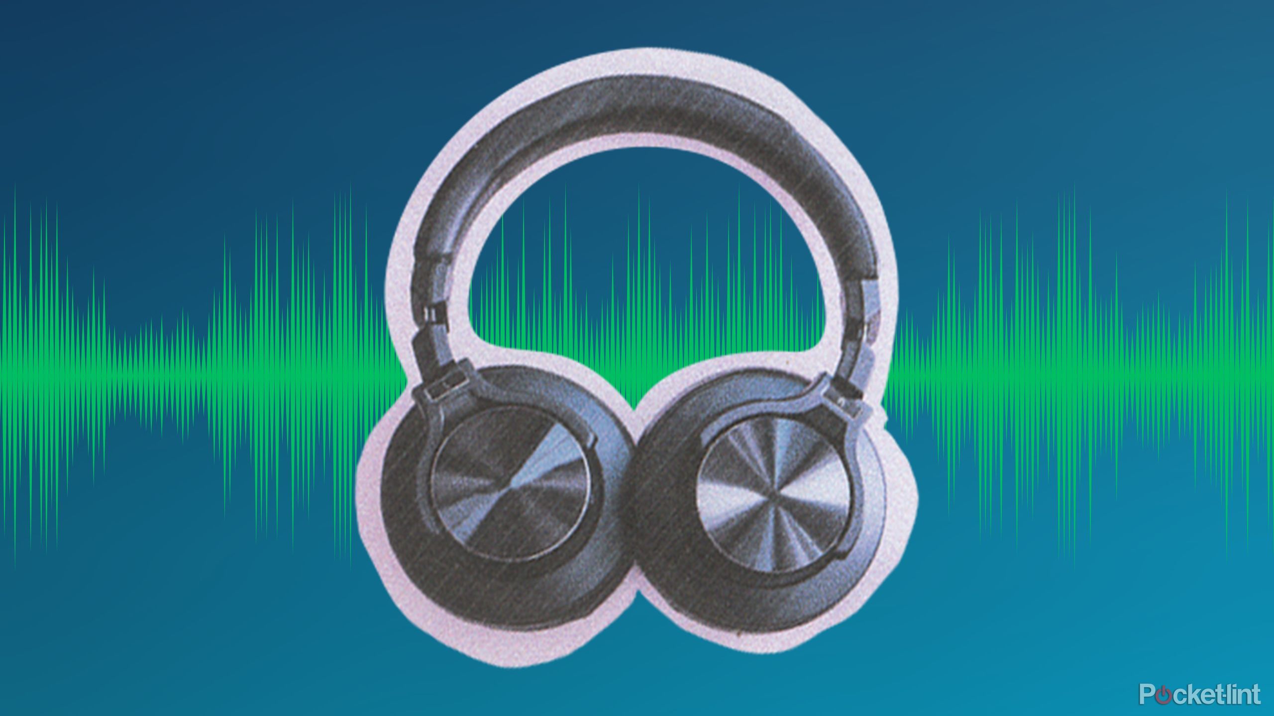 Spotify out of a music funk feature image headphones over a blue background with green soundwaves