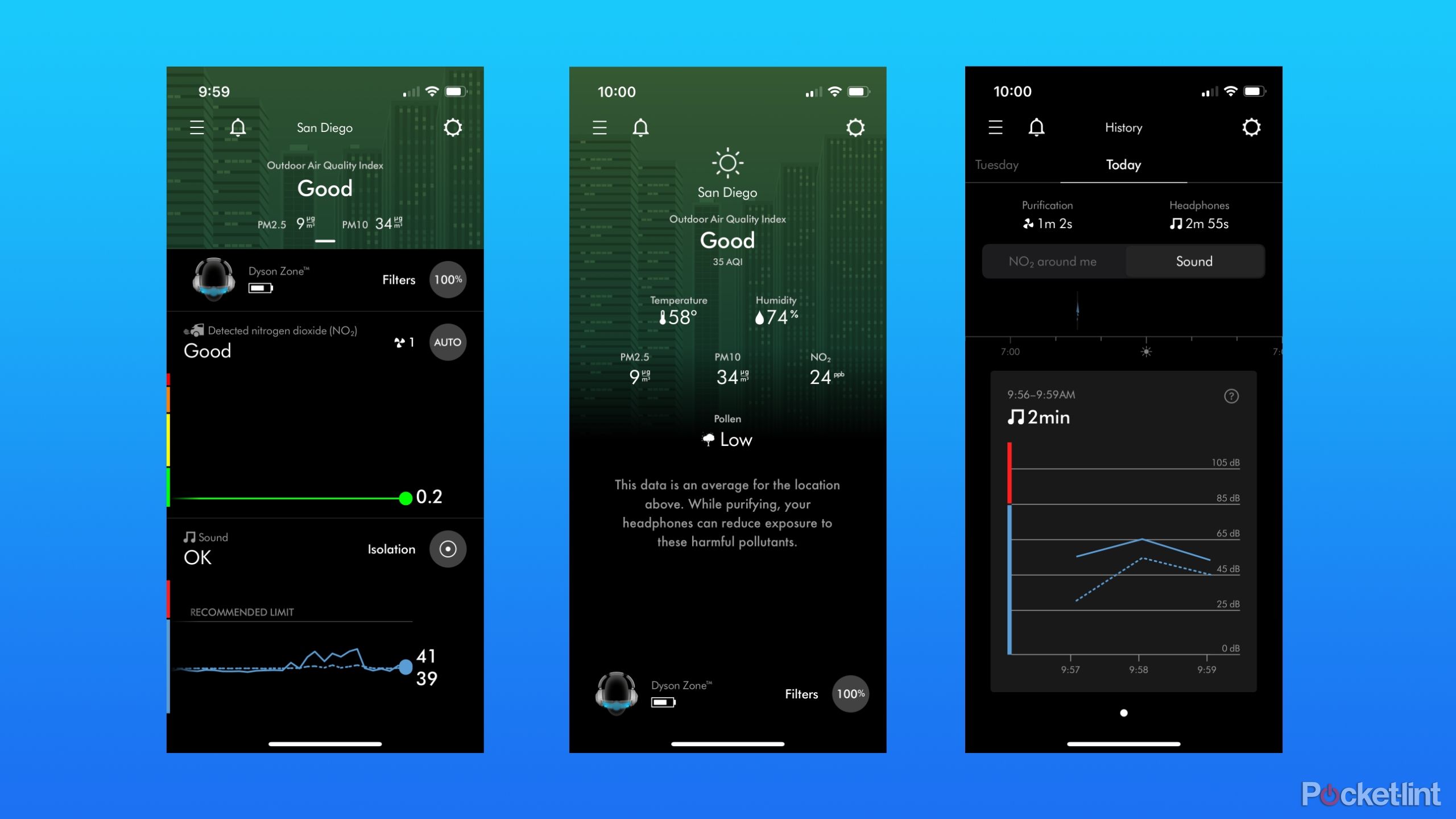 The My Dyson app displaying air quality and sound safety information.